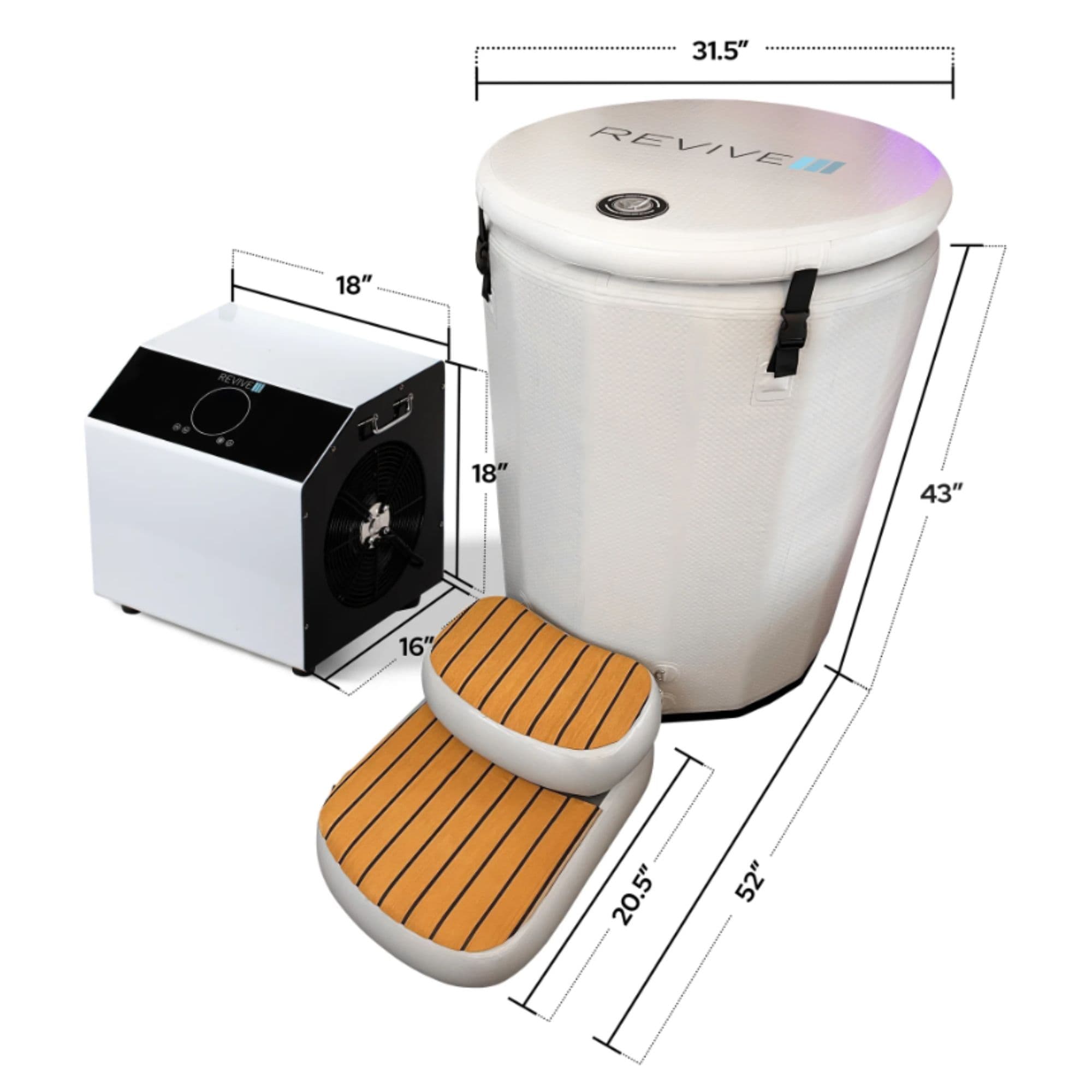 Revive Inflatable Barrel Plunge 1HP Chiller – .3HP And .8HP Options Complete Set Top Angle View With Dimensions