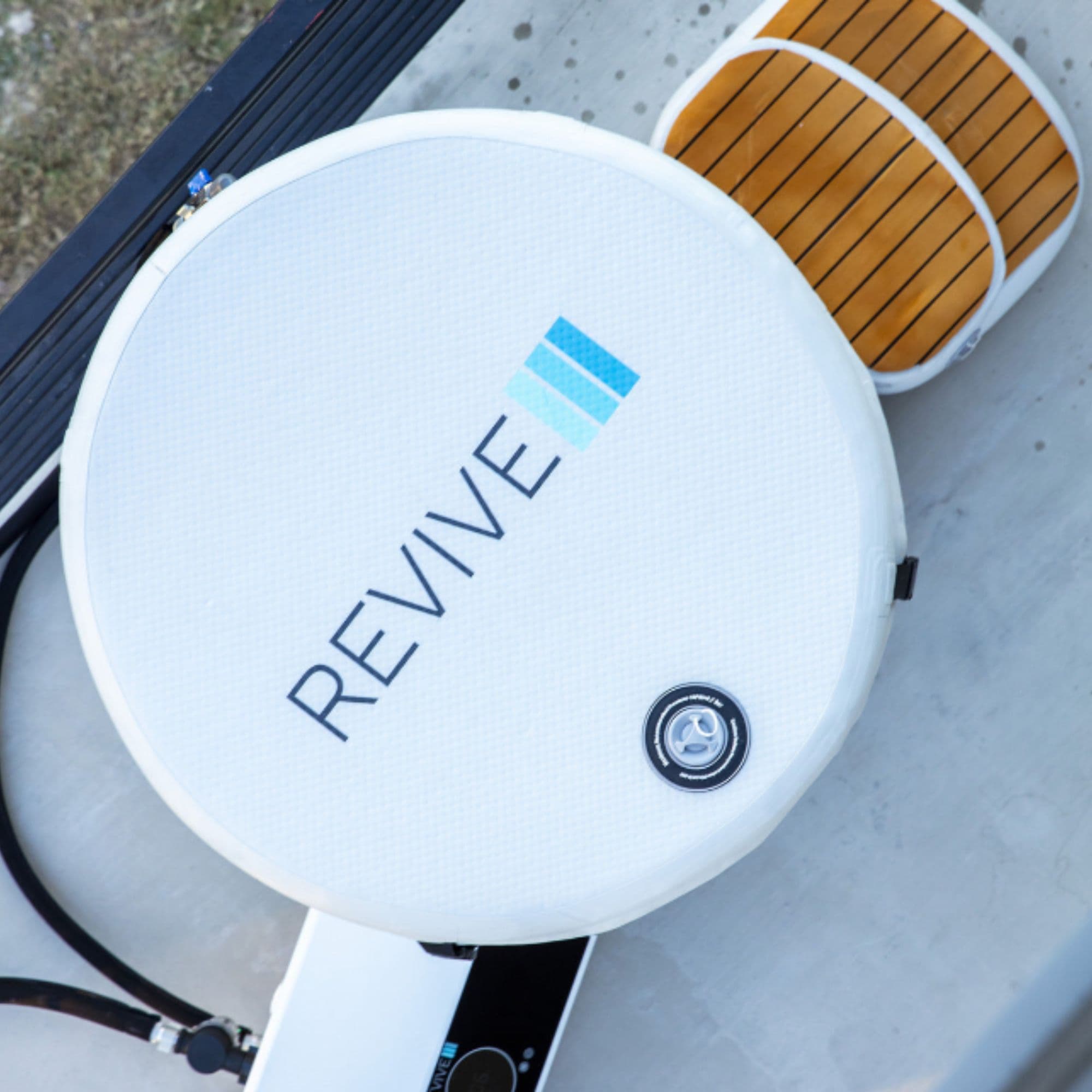 Revive Inflatable Barrel Plunge With Chiller Top View And Covered With Brand Name