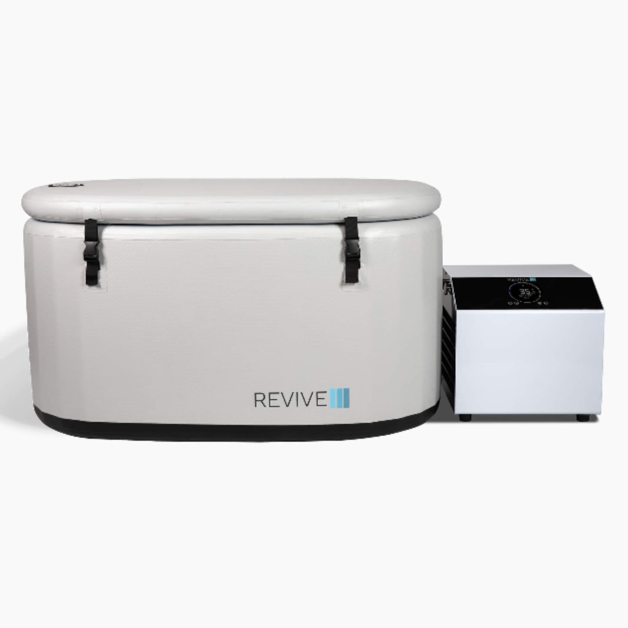 Revive Inflatable Hot And Cold Plunge Front View Of Complete Set Covered On White Background