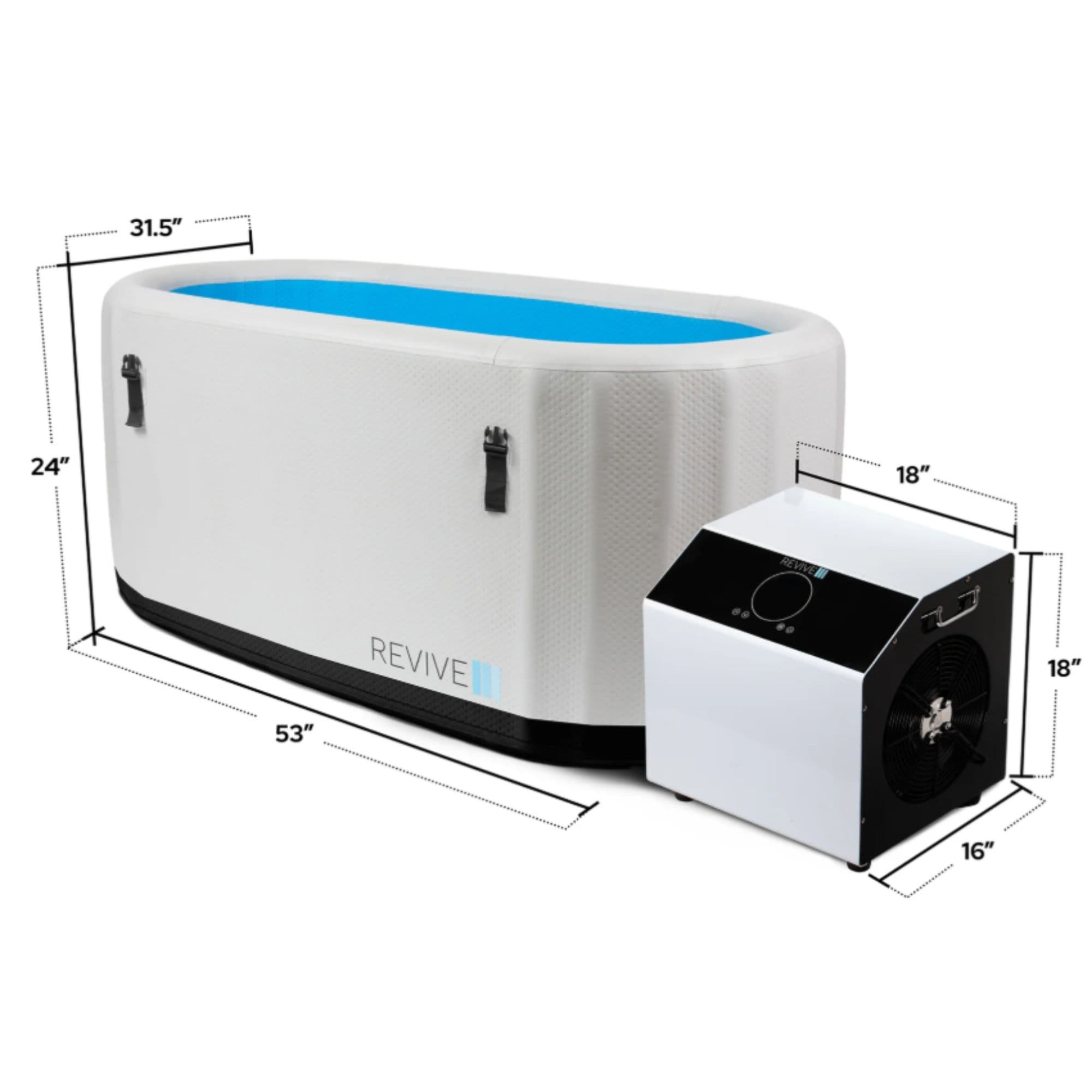 Revive Inflatable Plunge 1HP Chiller – 0.3HP And 0.8HP Options Angle View With Dimensions