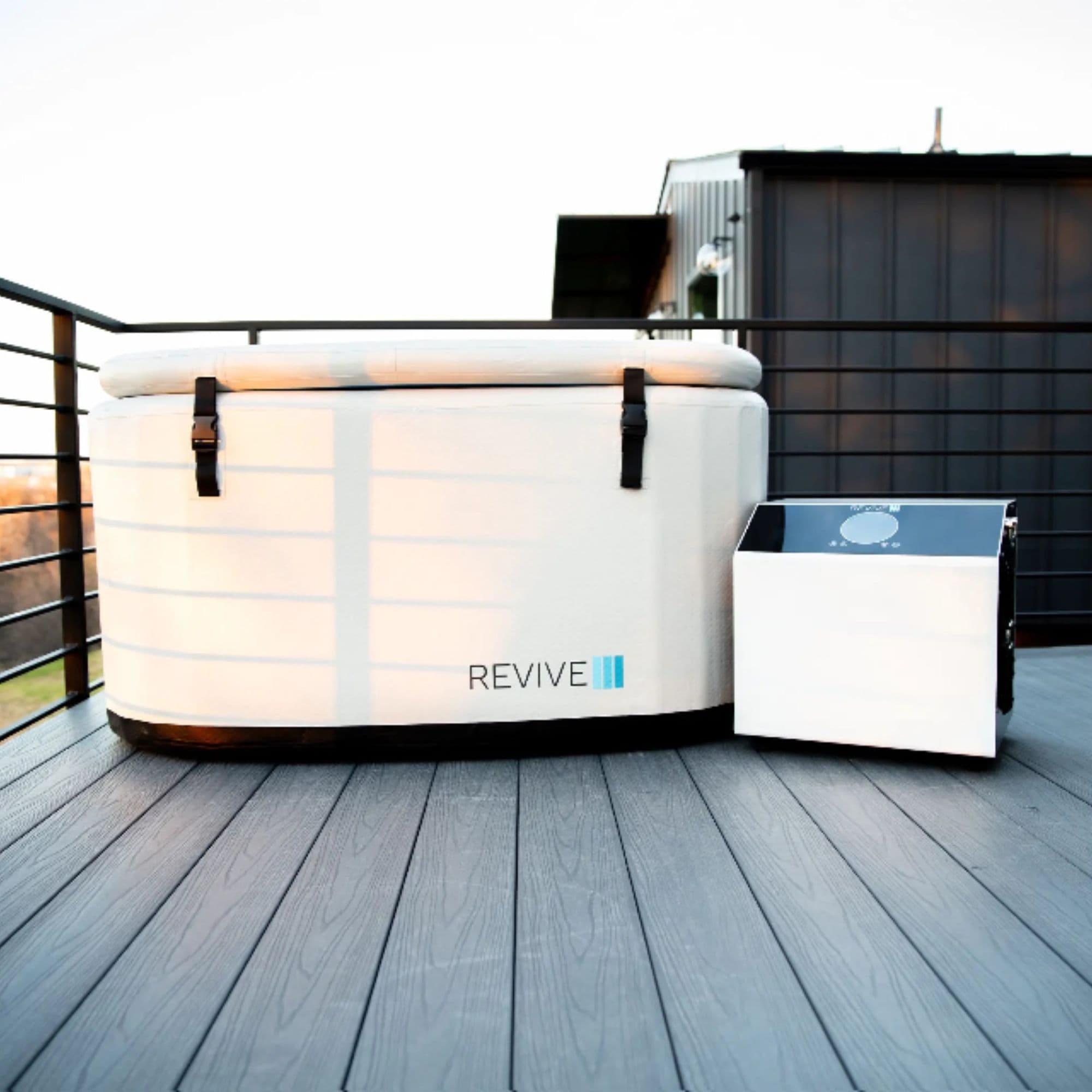 Revive Inflatable Plunge With Chiller Front View Of Complete Set Covered In Modern Balcony