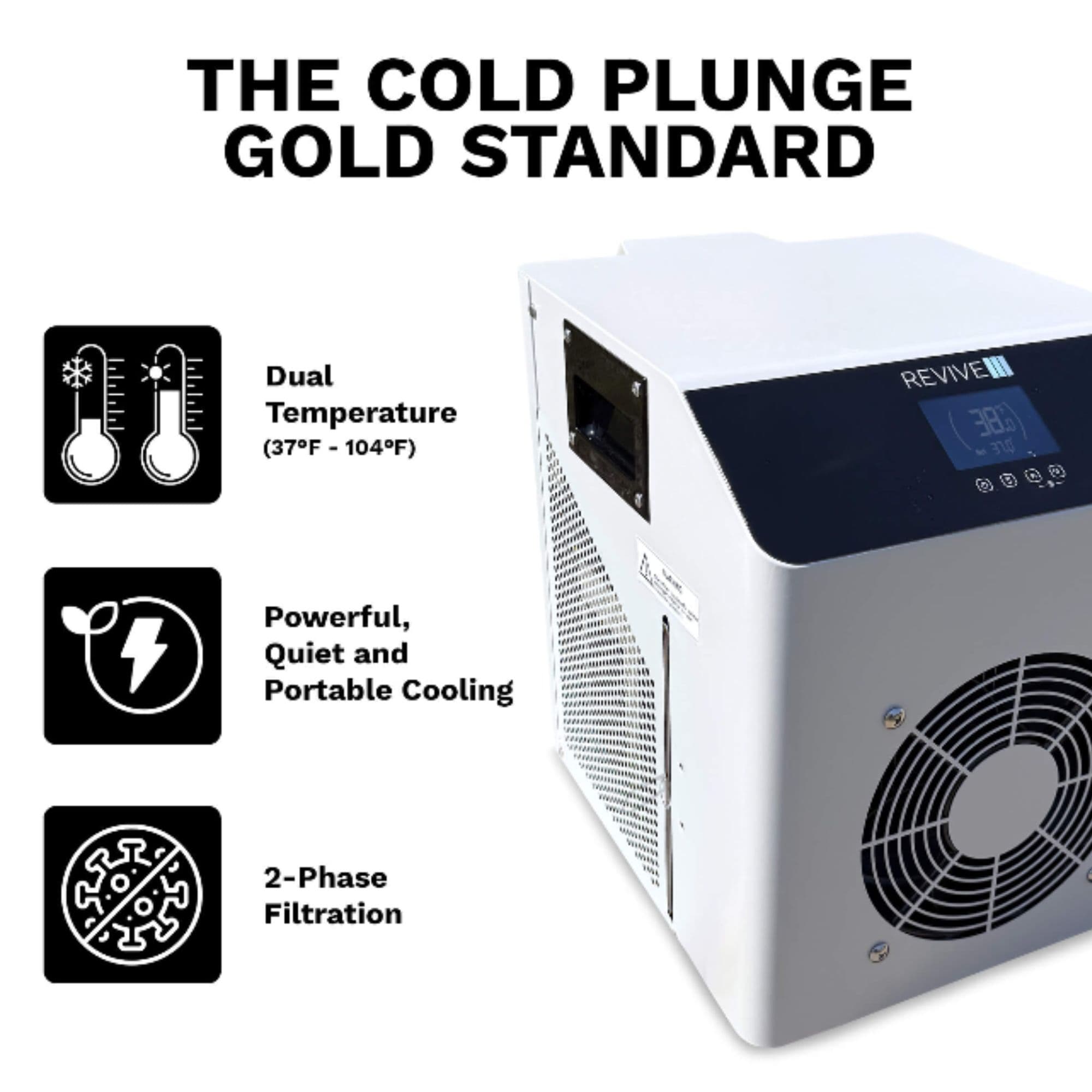 Revive Inflatable Pod Cold Plunge Front View With List Of Features For Chiller