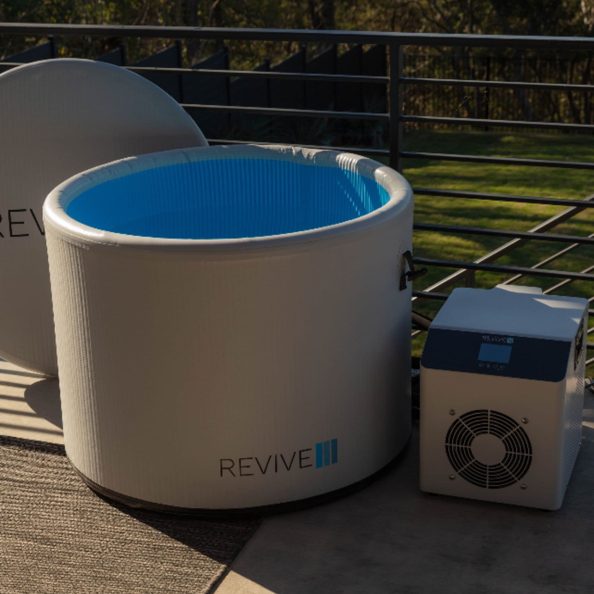 Revive Inflatable Pod Plunge With Chiller Complete Set Uncovered In Balcony Setting
