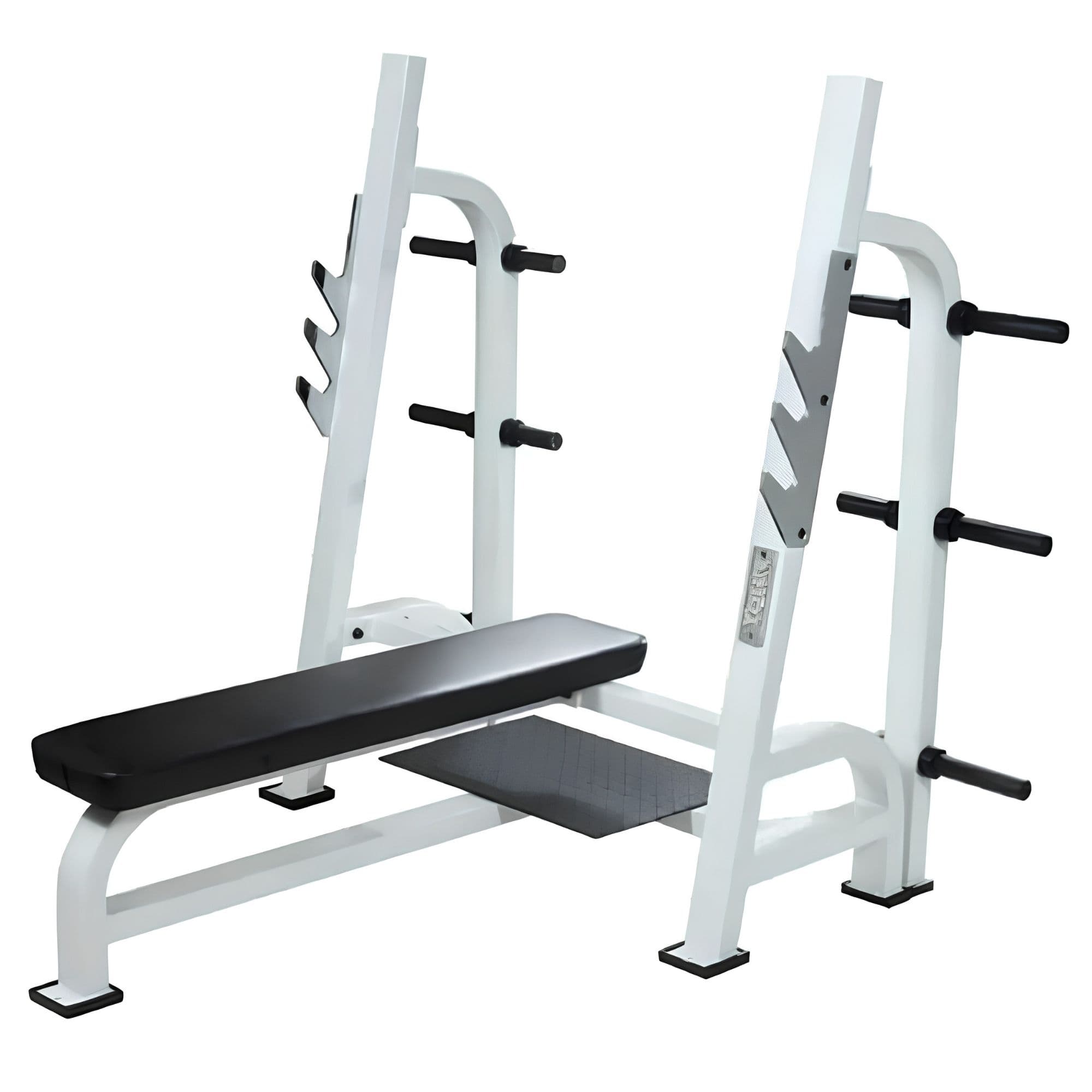 STS Olympic Flat Bench White Variant Front Angle View With Plate Storage Attachment On White Background
