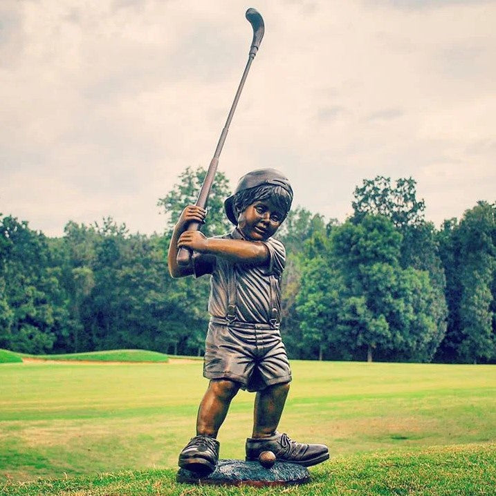 Bronze Boy Playing Golf in Big Shoes Sculpture by Metropolitan Galleries
