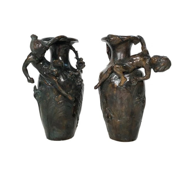 Bronze 2 Piece Boy & Girl Vase Set by Metropolitan Galleries