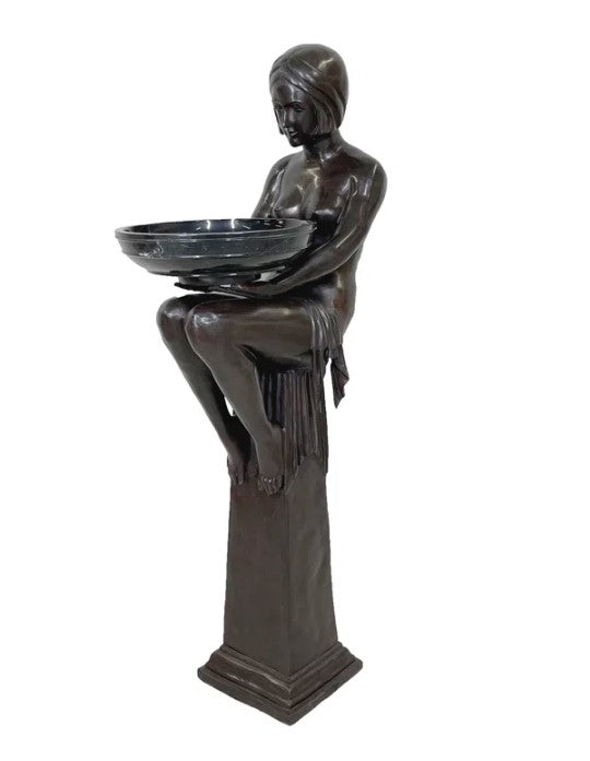 Bronze Art Deco Lady on Column with Marble Bowl Sculpture by Metropolitan Galleries