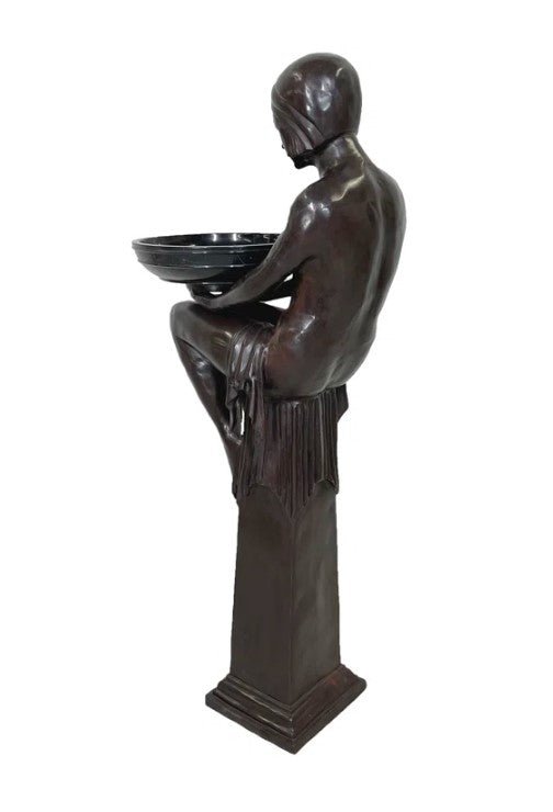 Bronze Art Deco Lady on Column with Marble Bowl Sculpture by Metropolitan Galleries