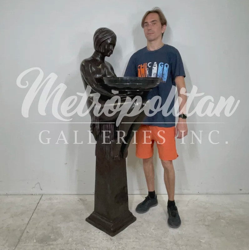 Bronze Art Deco Lady on Column with Marble Bowl Sculpture by Metropolitan Galleries