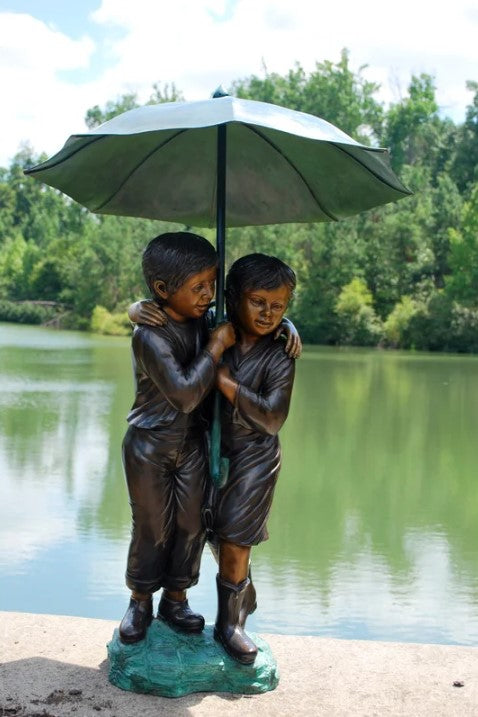 Bronze Children holding Umbrella Sculpture by Metropolitan Galleries