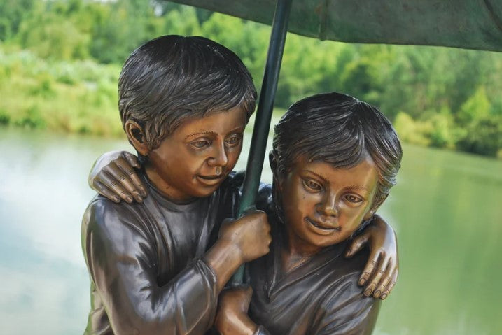 Bronze Children holding Umbrella Sculpture by Metropolitan Galleries