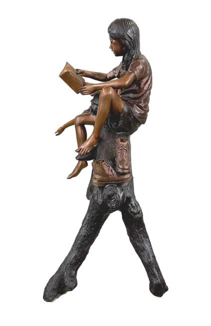 Bronze Kids Reading on Tree Log Sculpture by Metropolitan Galleries