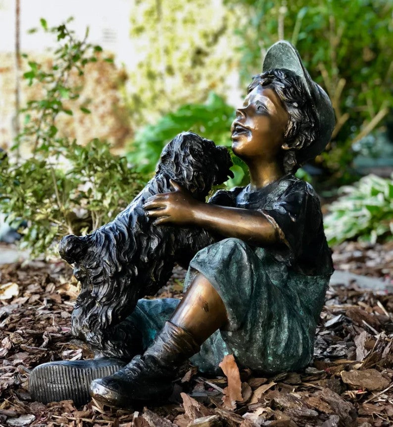 Bronze Sitting Boy with Dog Sculpture by Metropolitan Galleries