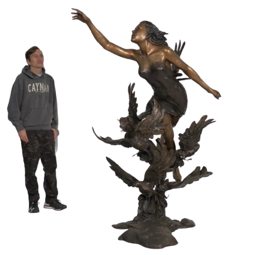 Bronze Lady in Clouds with Birds Garden Sculpture by Metropolitan Galleries