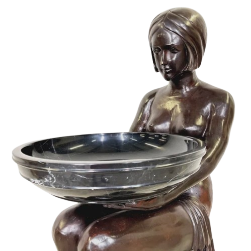 Bronze Art Deco Lady on Column with Marble Bowl Sculpture by Metropolitan Galleries