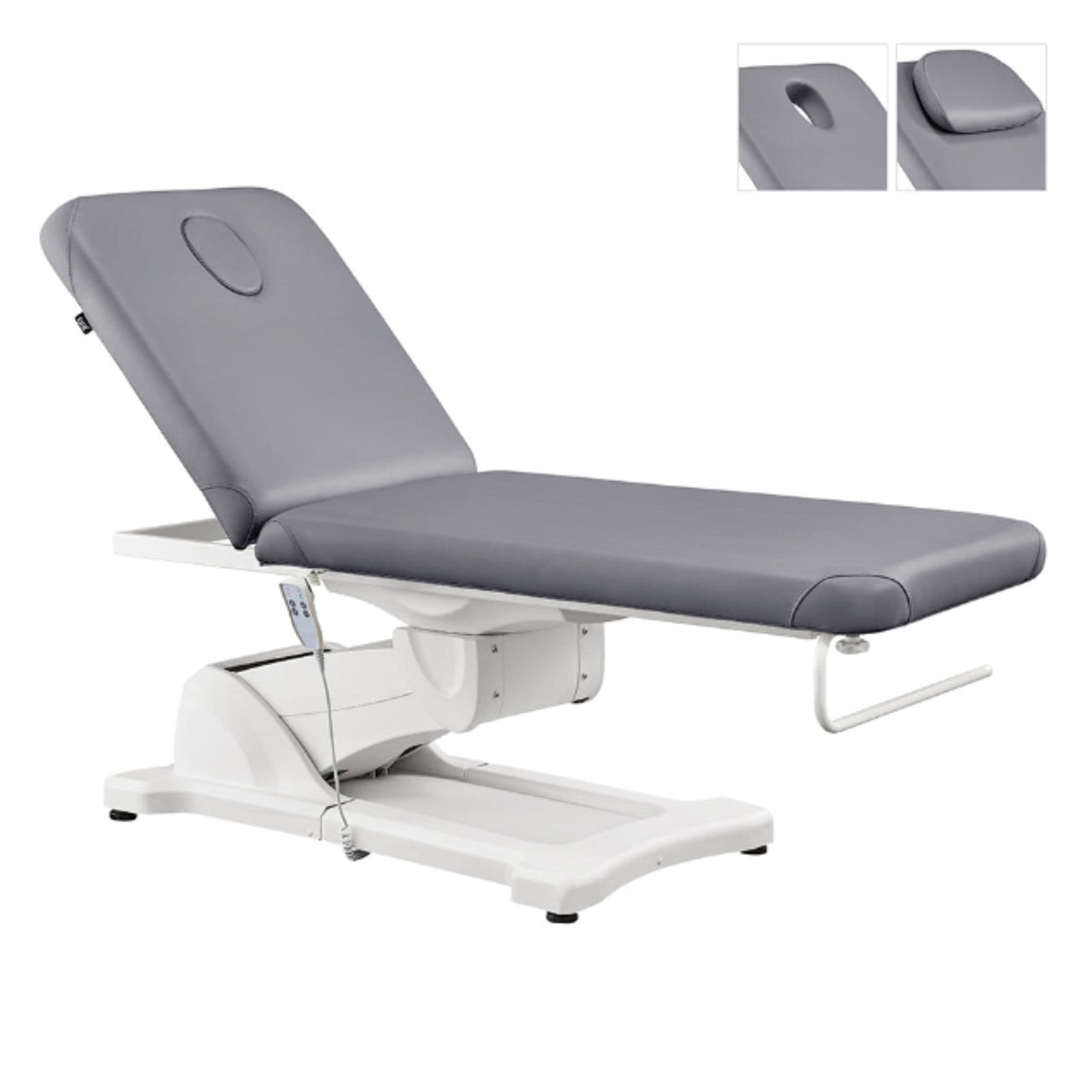 Serenity Electric Treatment Table Front Angled View Of Gray Color With Face Hole And Remote Control On White Background
