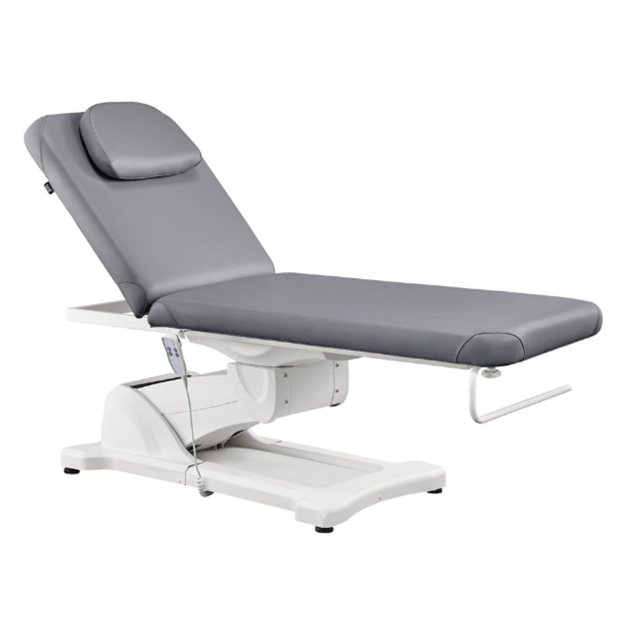 Serenity Electric Treatment Table Front Angled View Of Gray Color With Remote Control On White Background