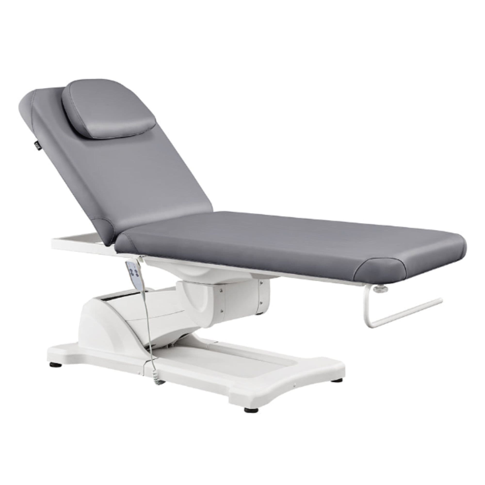 Serenity Electric Treatment Table Front Angled View Of Gray Color With Remote Control On White Background