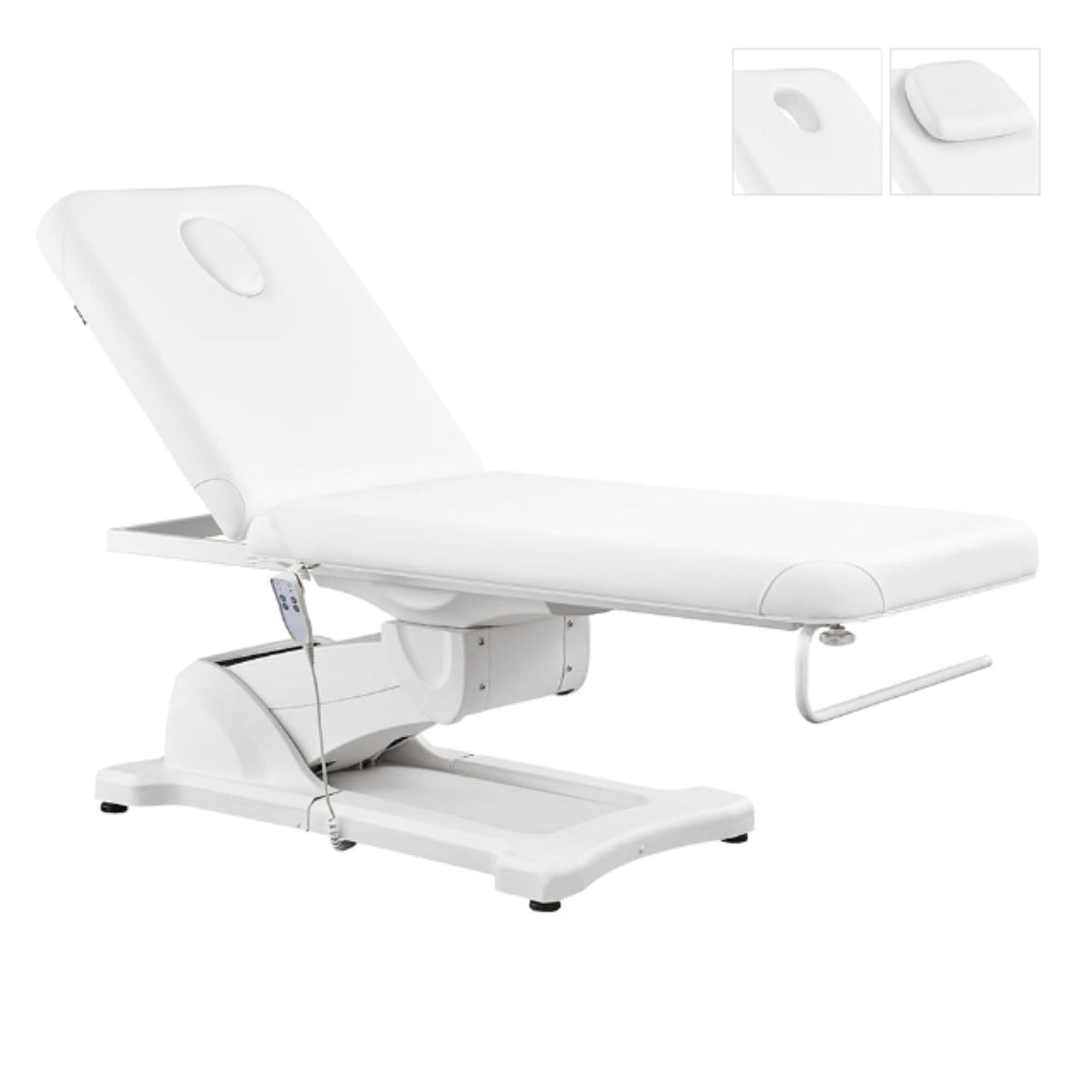 Serenity Electric Treatment Table Front Angled View Of White Color With Face Hole And Remote Control On White Background