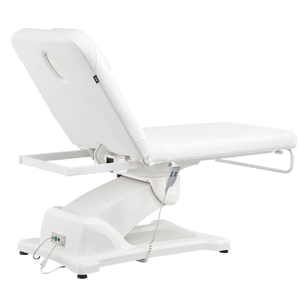 Serenity Electric Treatment Table Rear View Of White Color And Reclined On Head Section With Remote Control On White Background