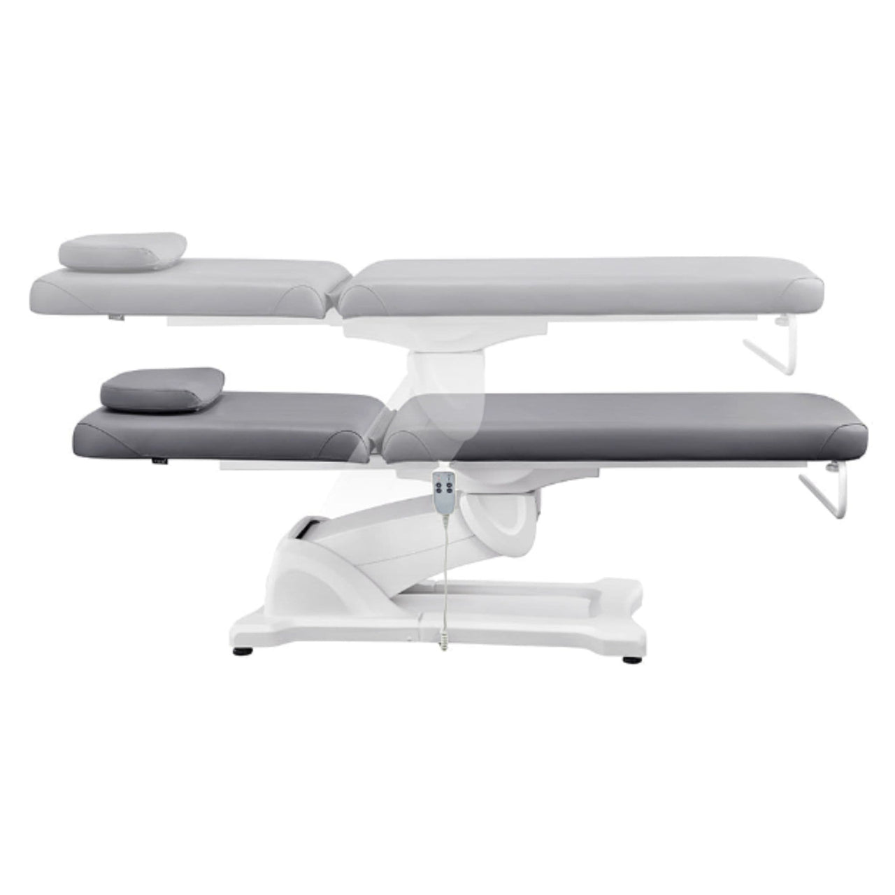 Serenity Electric Treatment Table Side View And Fully Reclined Of Gray Color Showing An Up And Down Adjustment With Remote Control On White Background