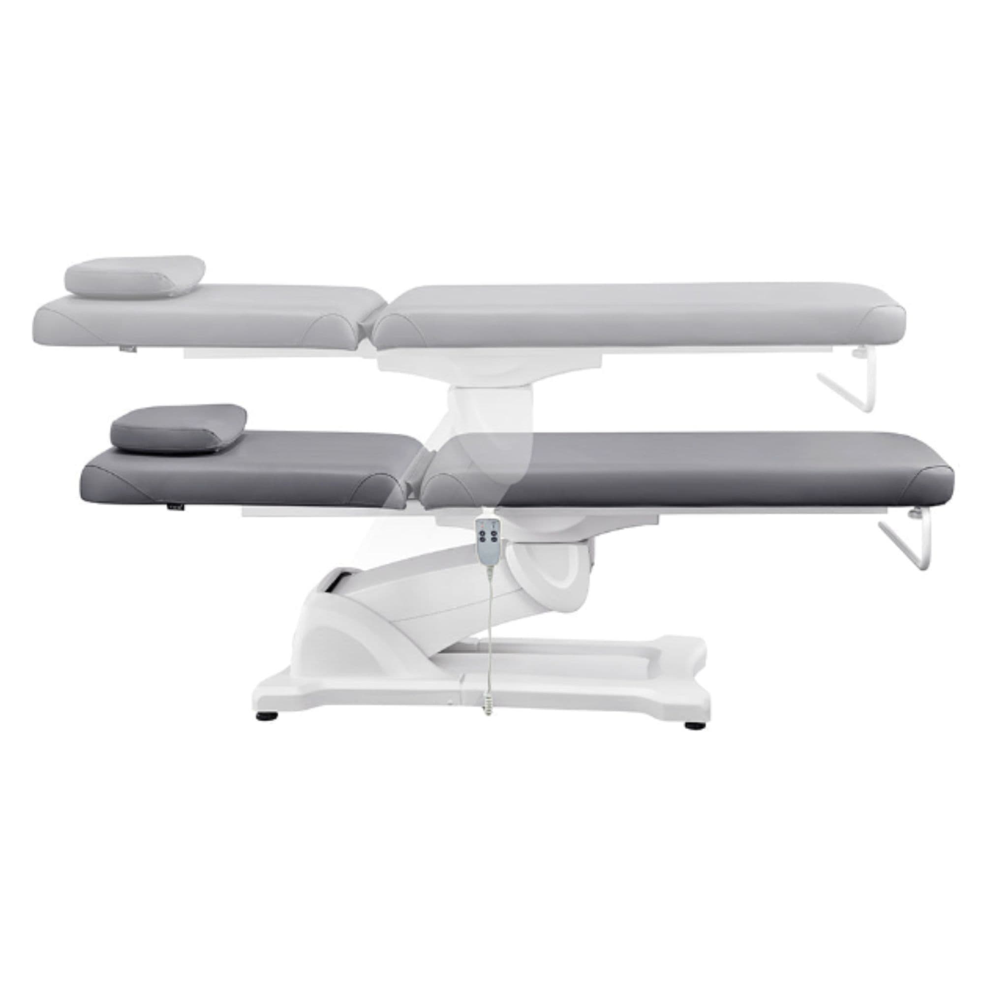 Serenity Electric Treatment Table Side View And Fully Reclined Of Gray Color Showing An Up And Down Adjustment With Remote Control On White Background