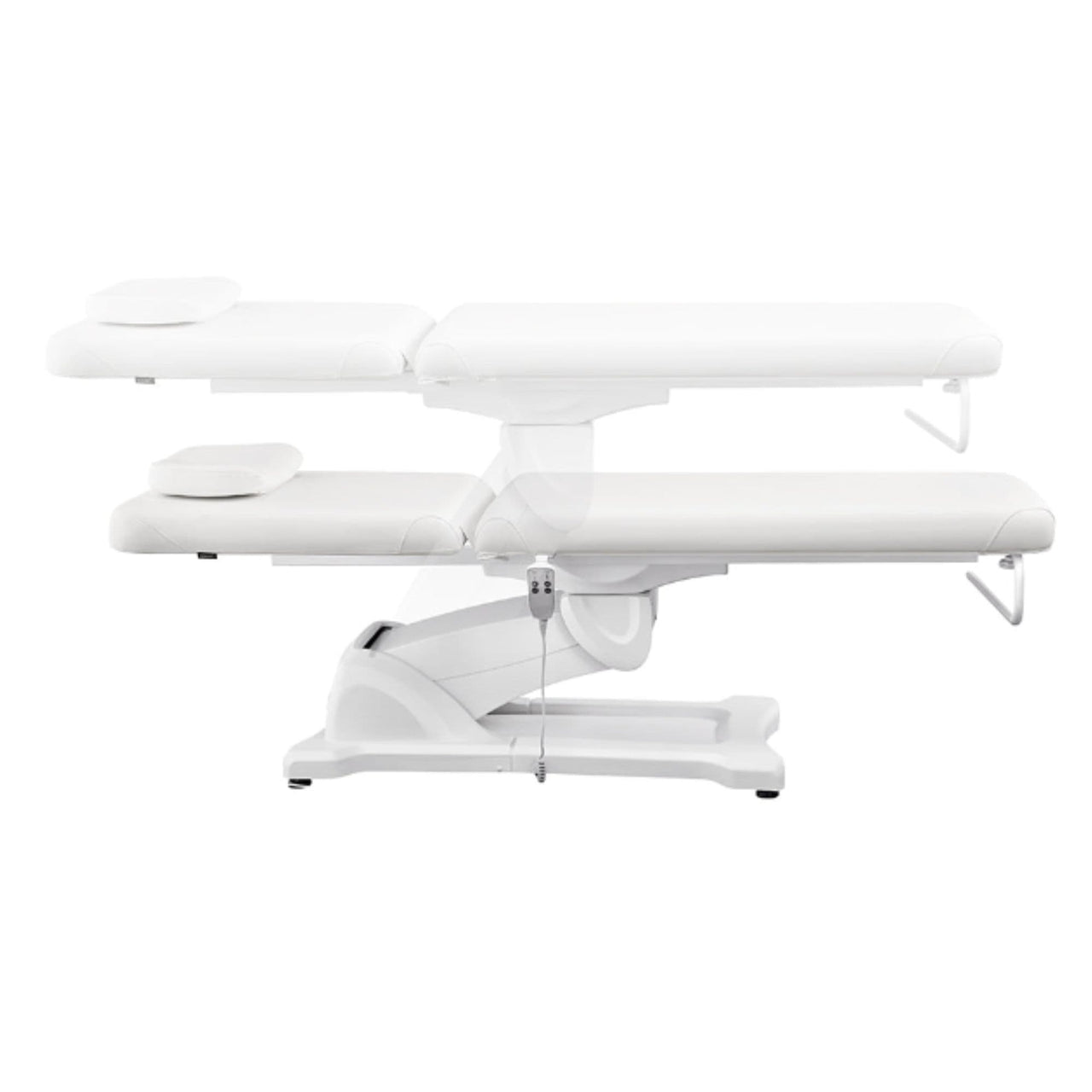 Serenity Electric Treatment Table Side View And Fully Reclined Of White Color Showing An Up And Down Adjustment With Remote Control On White Background