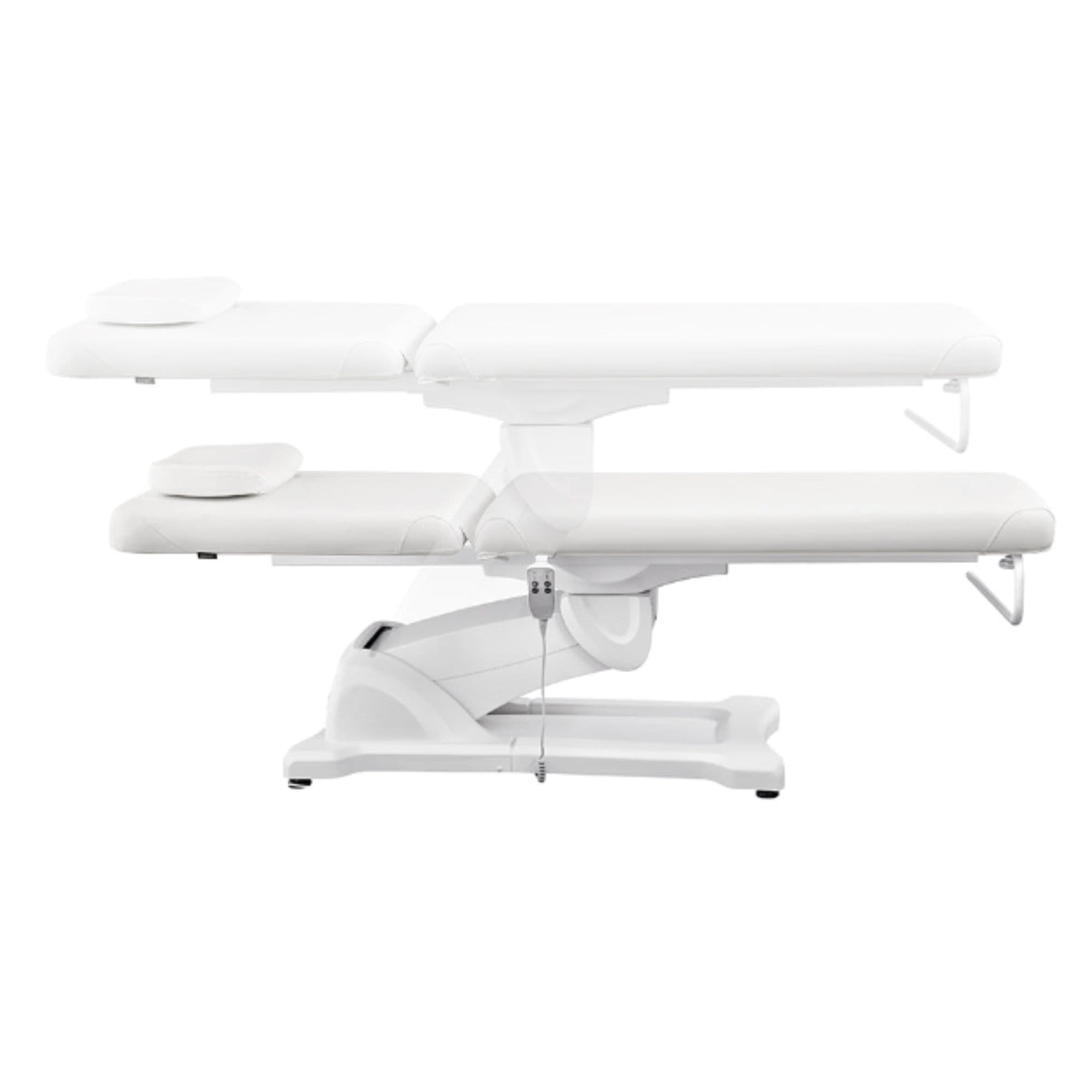 Serenity Electric Treatment Table Side View And Fully Reclined Of White Color Showing An Up And Down Adjustment With Remote Control On White Background