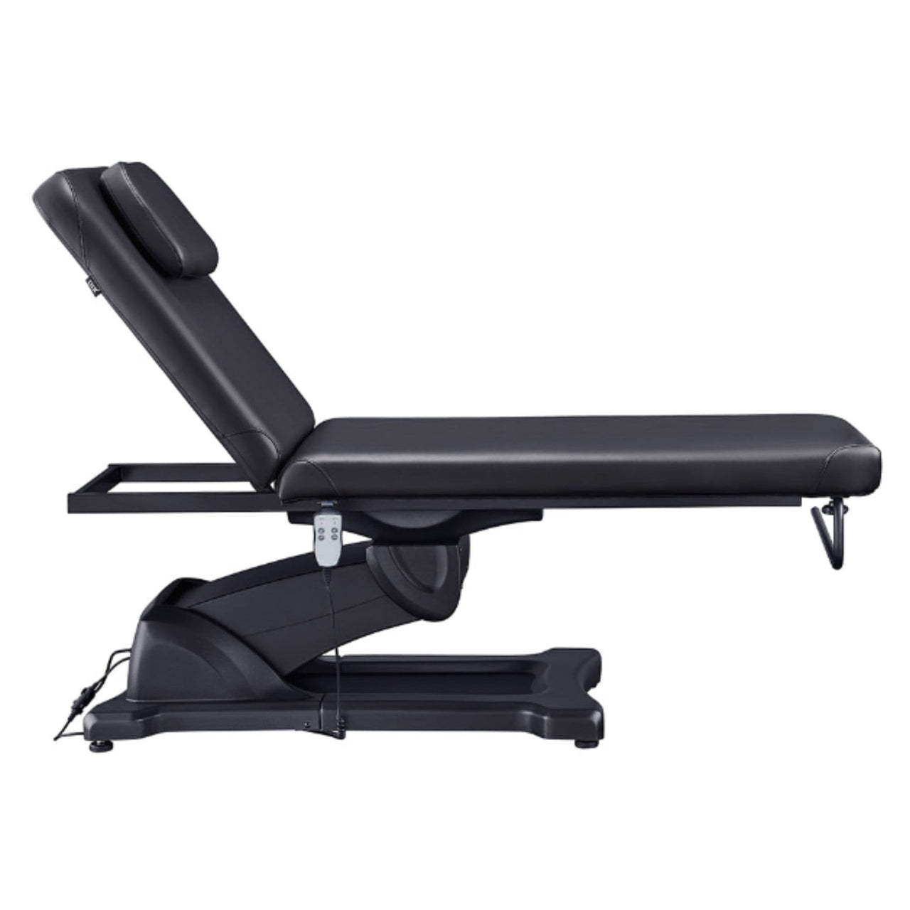 Serenity Electric Treatment Table Side View Of Black Color With Remote Control On White Background