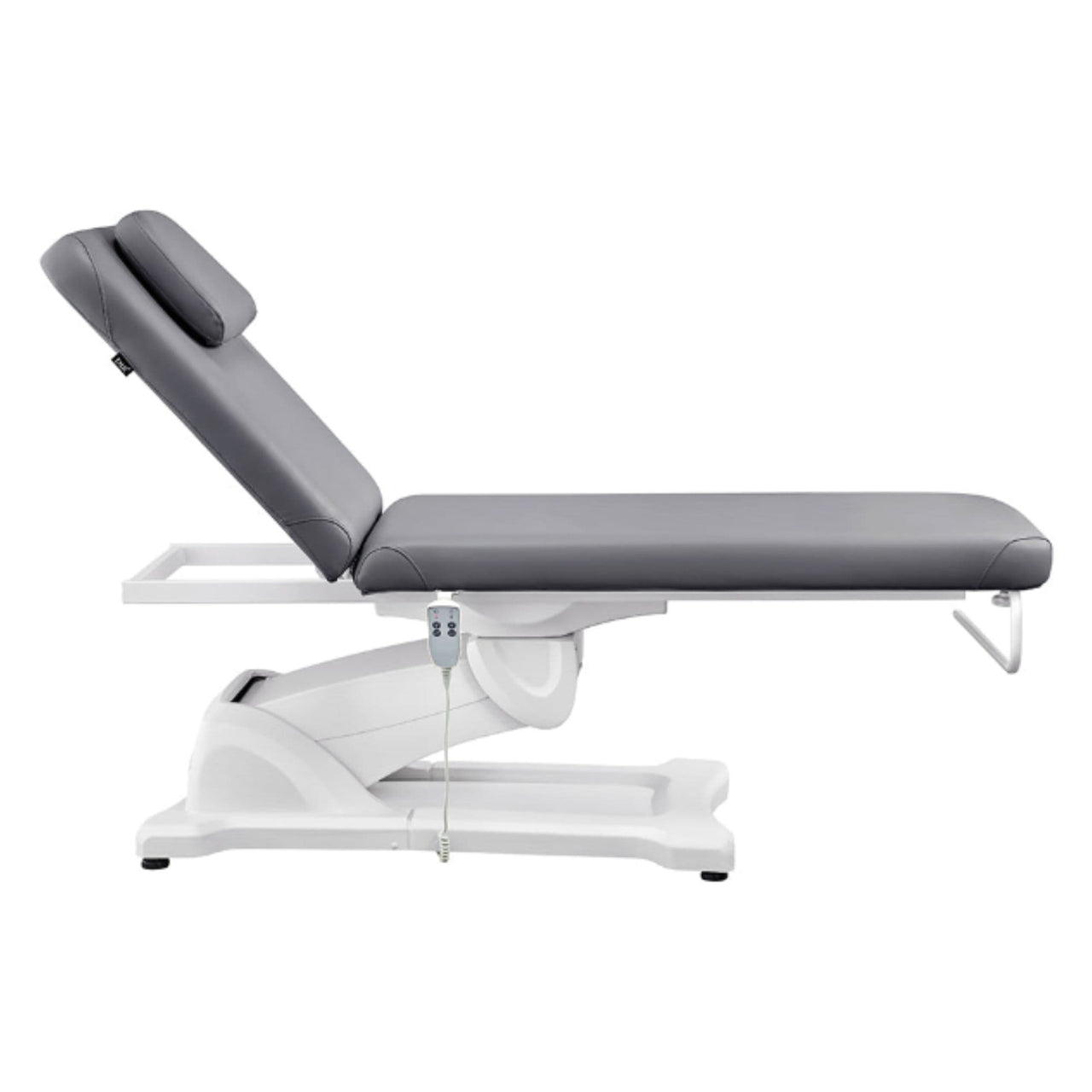 Serenity Electric Treatment Table Side View Of Gray Color With Remote Control On White Background