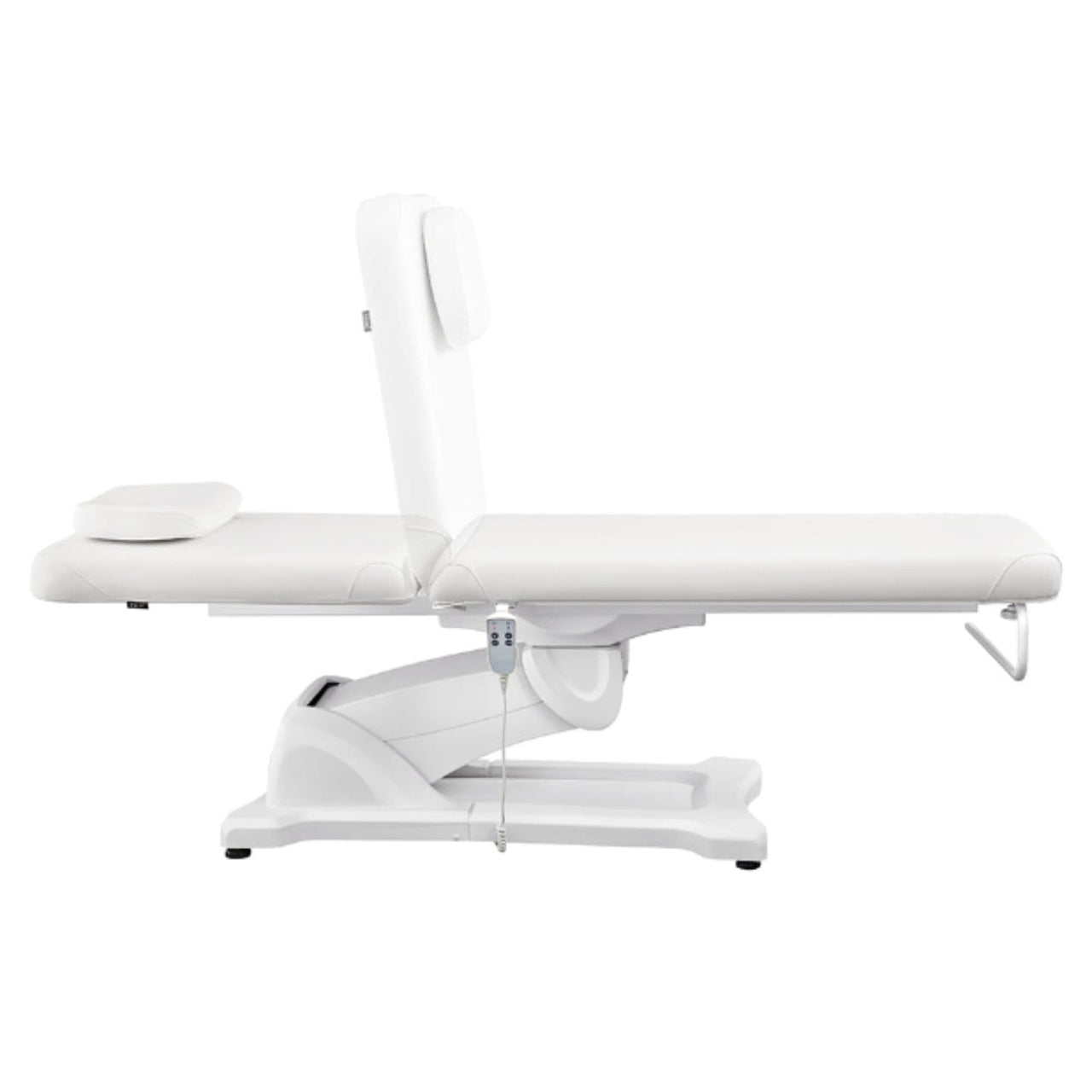 Serenity Electric Treatment Table White Color Side View With Remote Control And Head Section Adjustment Demo On White Background