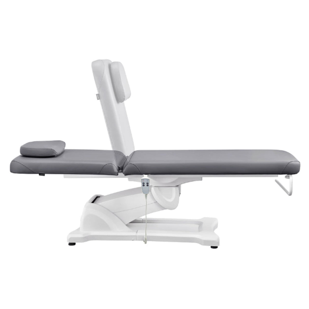 Serenity Motorized Treatment Table Gray Color Side View With Remote Control And Head Section Adjustment Demo On White Background