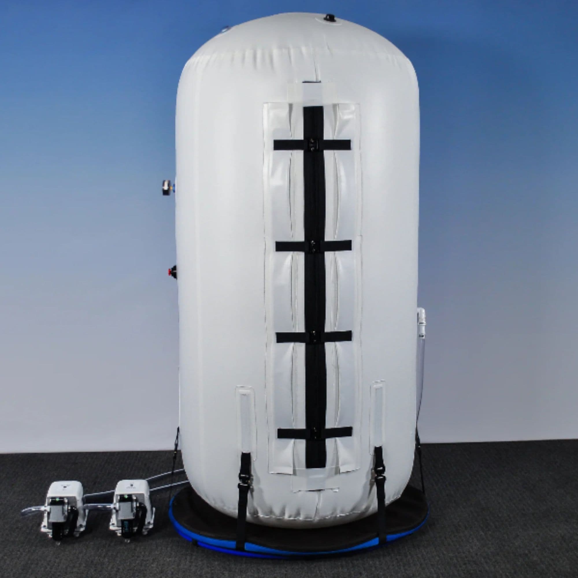 Summit to Sea Dive Vertical 40-Inch Seated Hyperbaric Chamber Fully Inflated Rear View On Colored Background