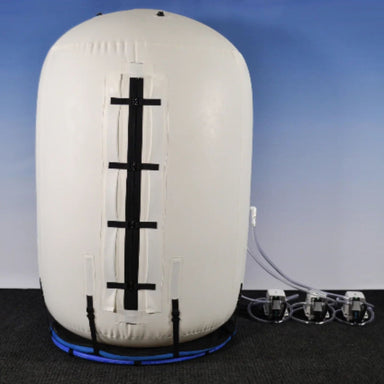 Summit to Sea Grand Dive Vertical 60-Inch Seated Hyperbaric Chamber Fully Inflated Rear View On Colored Background