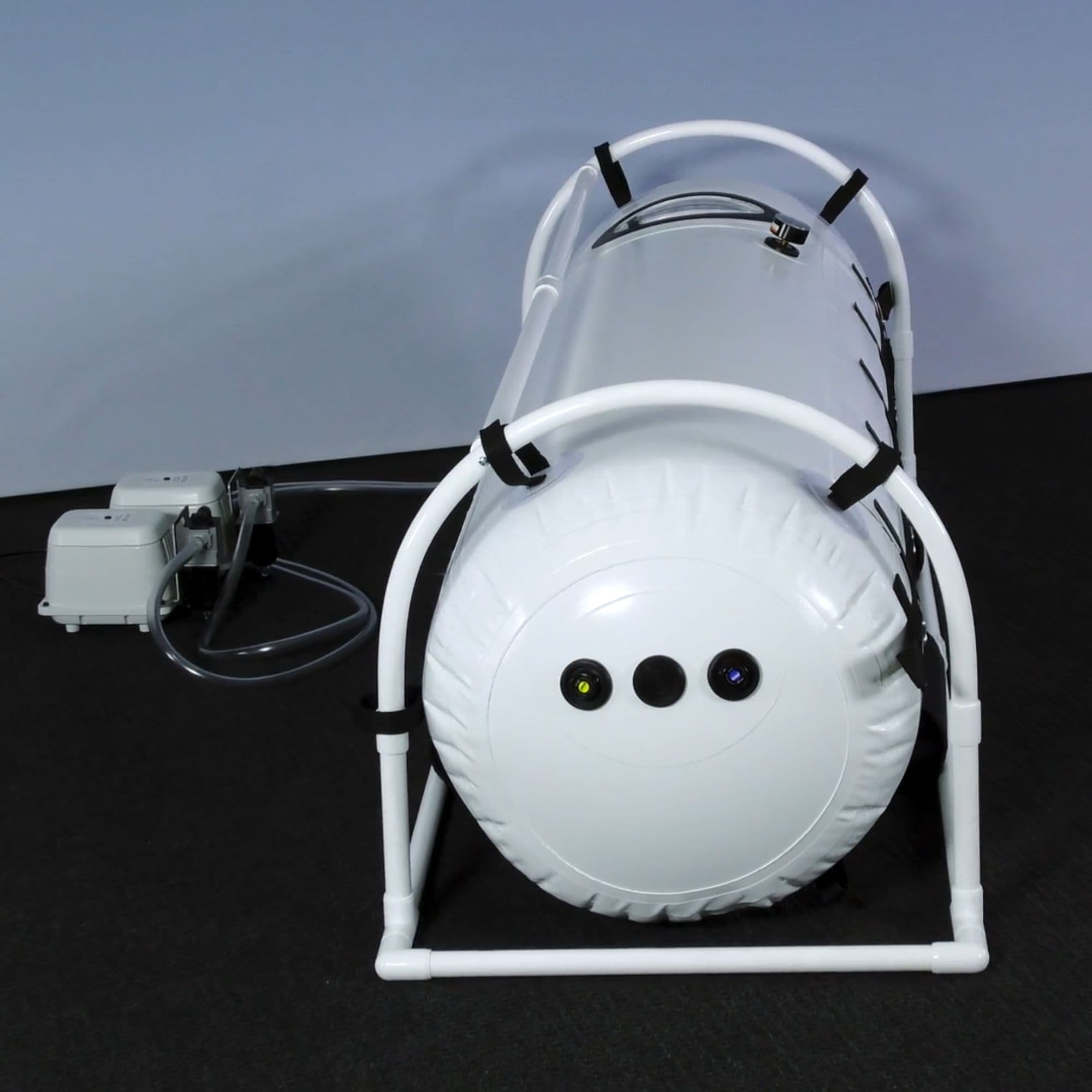 Summit to Sea Shallow Dive Hyperbaric Chamber – 26-Inch Side View With Support Frame And Air Connections