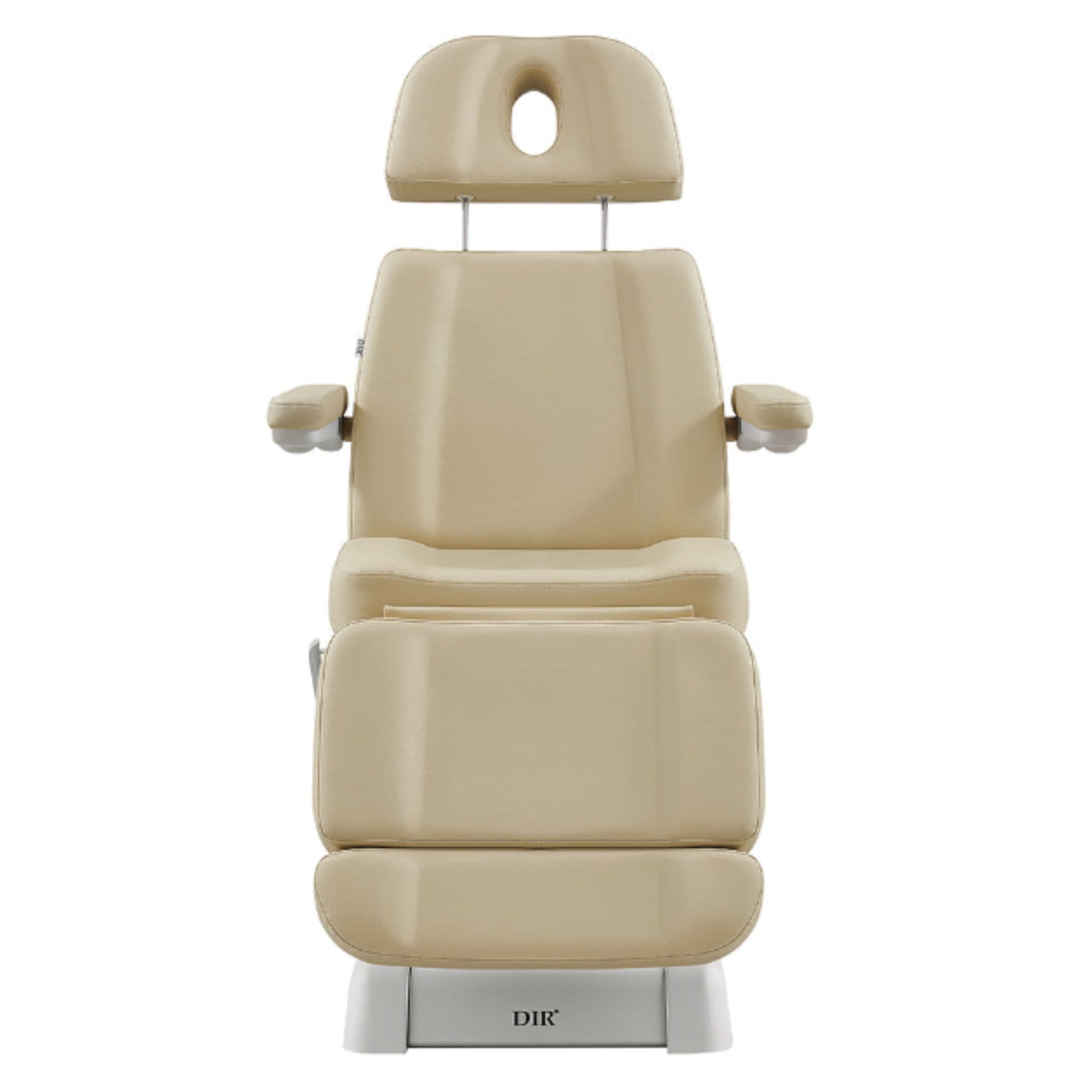 Sydney 4-Motors Esthetician Chair Beige Front View With Pulled-Up Face Hole Headrest On White Background