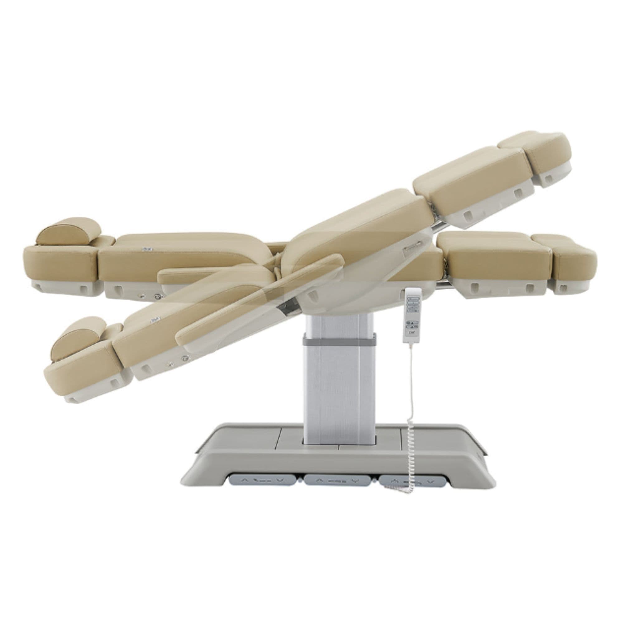 Sydney 4-Motors Esthetician Chair Beige Side View Demonstrating Recline Adjustment Positions On White Background
