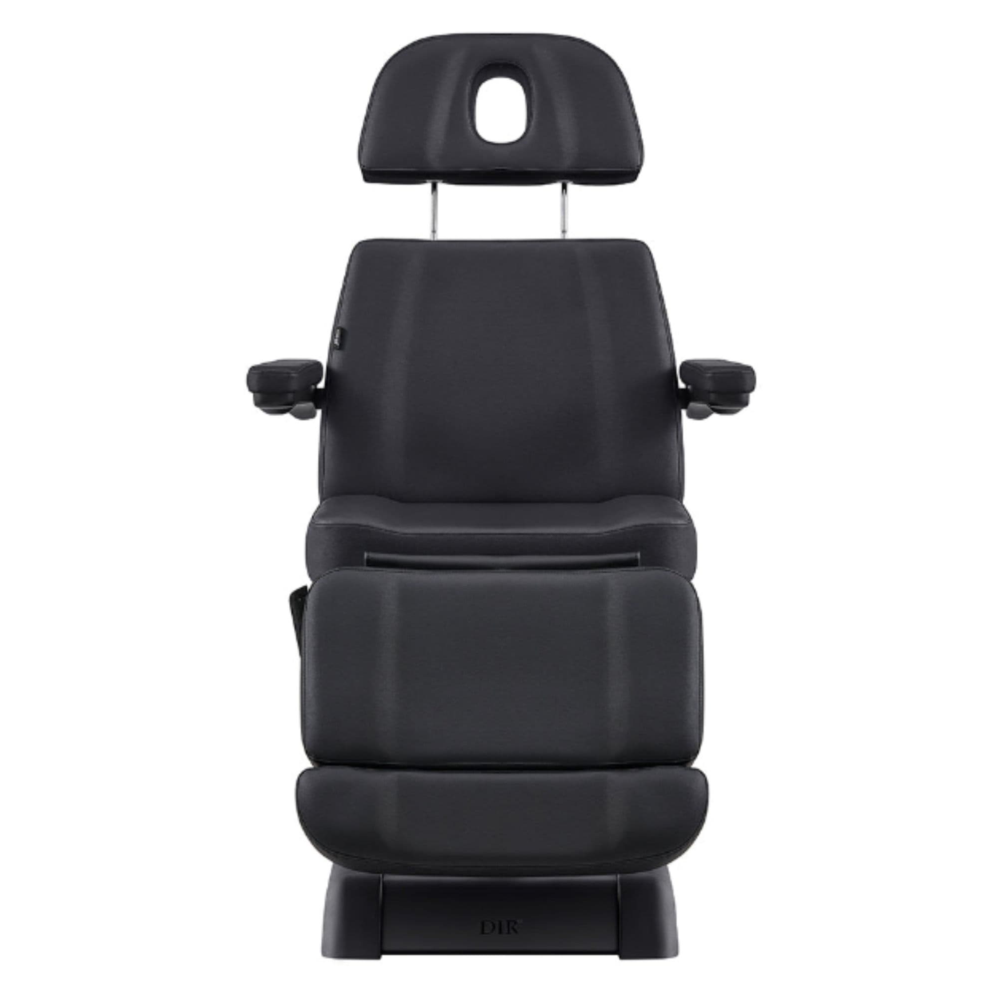 Sydney 4-Motors Esthetician Chair Black Front View With Pulled-Up Face Hole Headrest On White Background