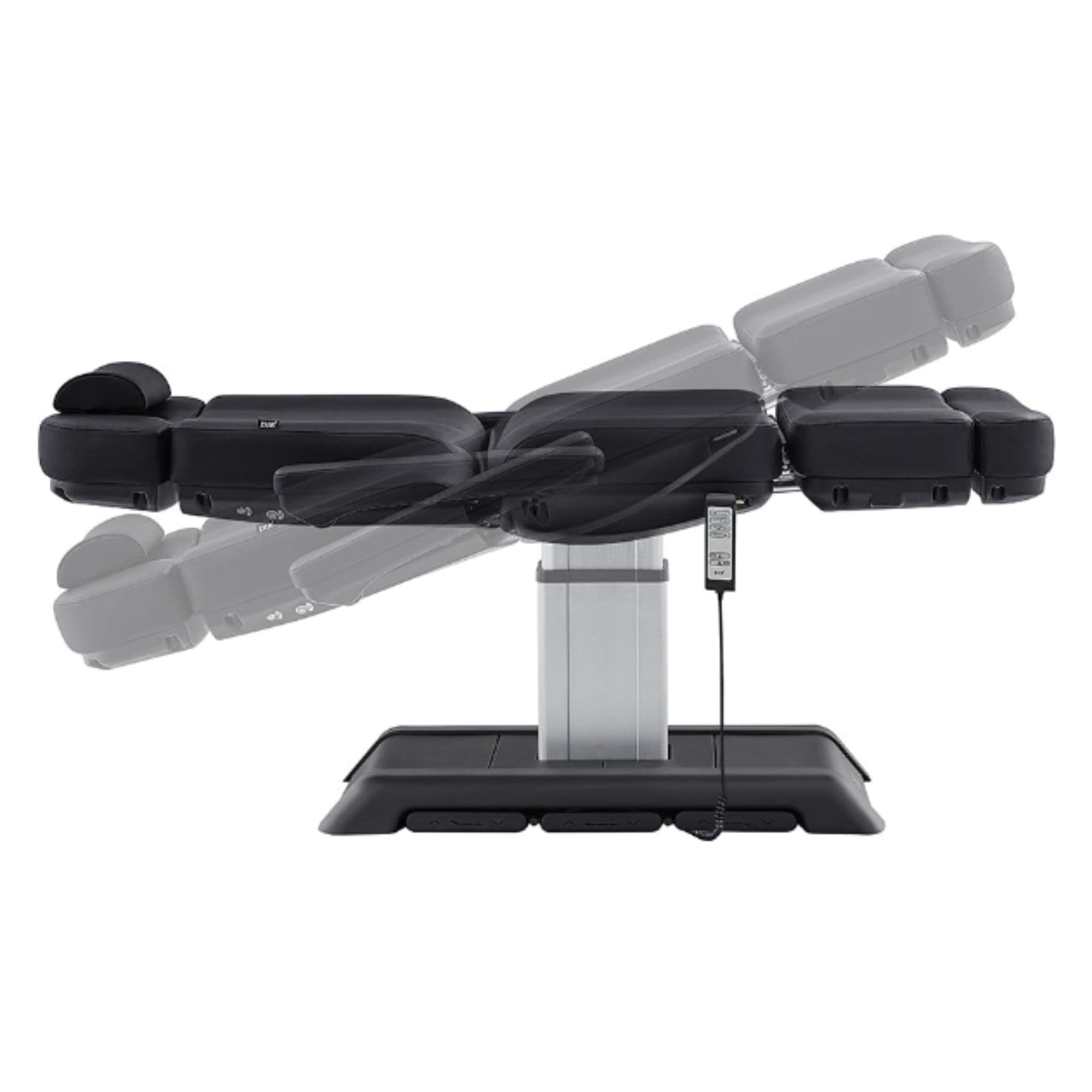 Sydney 4-Motors Esthetician Chair Black Side View Demonstrating Recline Adjustment Positions On White Background