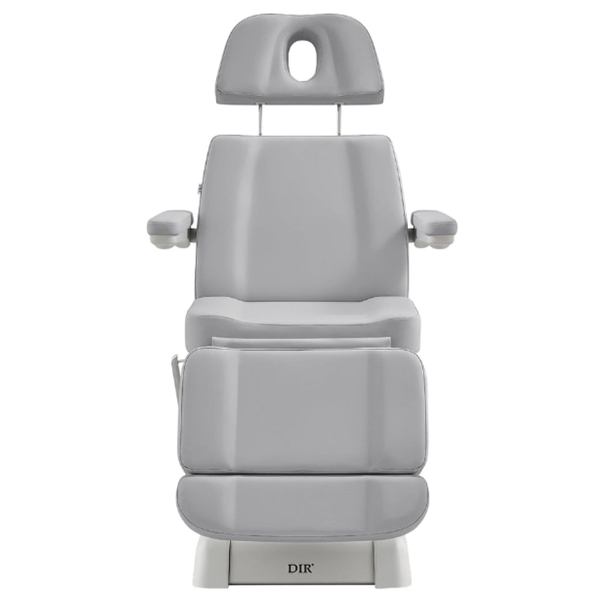 Sydney 4-Motors Esthetician Chair Gray Front View With Pulled-Up Face Hole Headrest On White Background