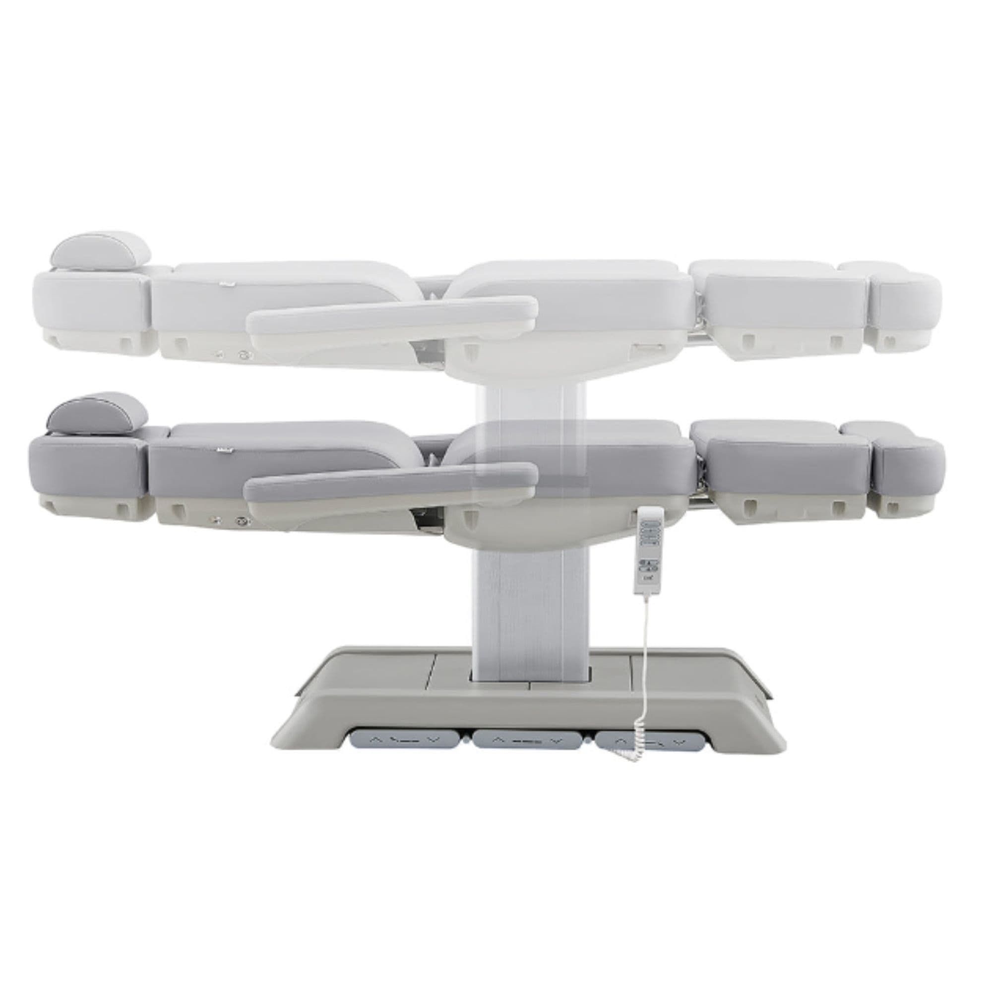 Sydney 4-Motors Esthetician Chair Gray Side View And Fully Reclined Demonstrating An Up And Down Adjustment On White Background