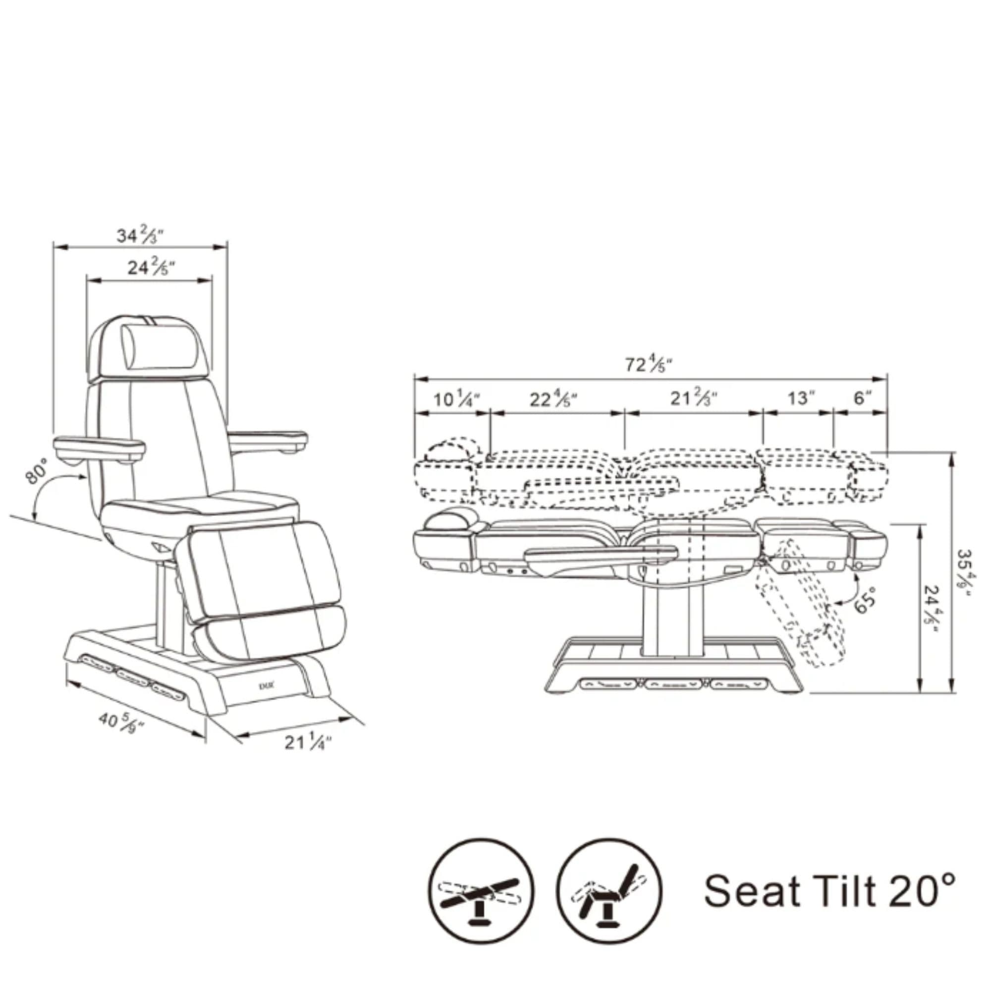 Sydney 4-Motors Esthetician Chair Product Dimension Diagram