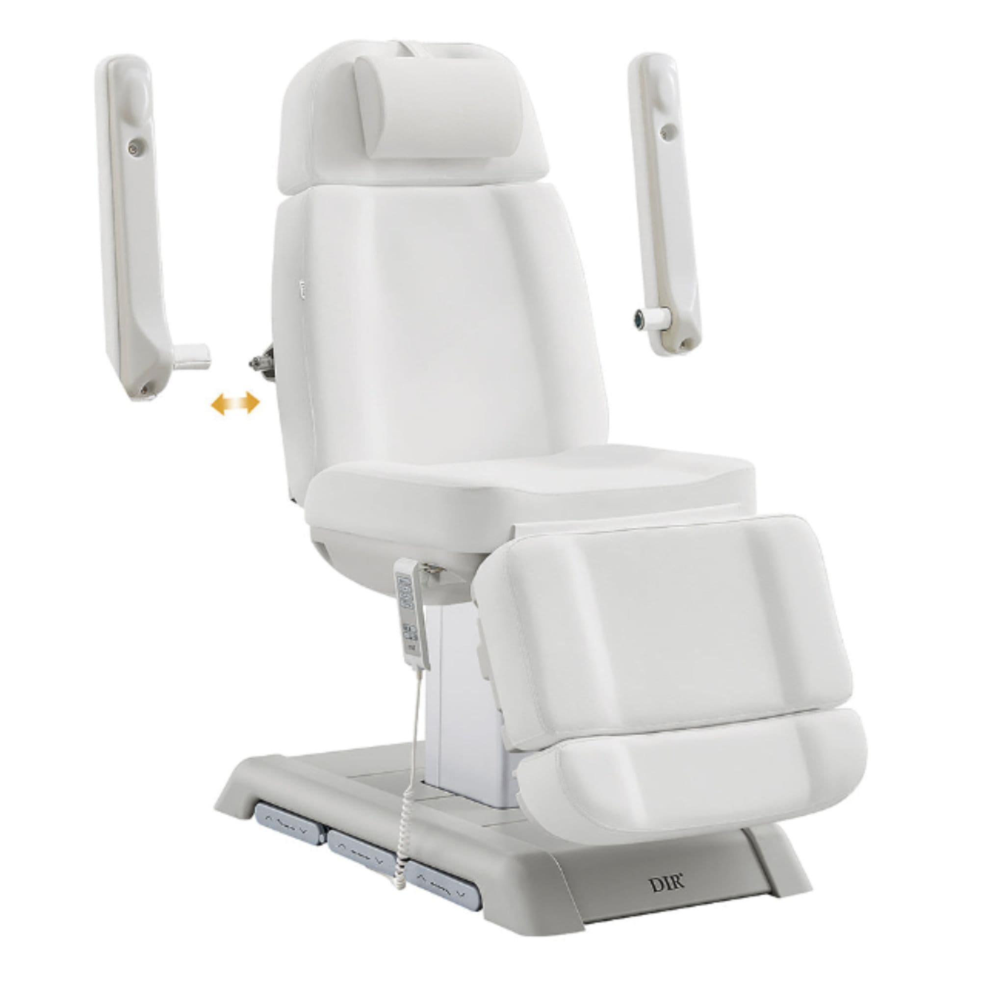 Sydney 4-Motors Esthetician Chair White Angled View Demonstrating Detachable Armrest On White Background
