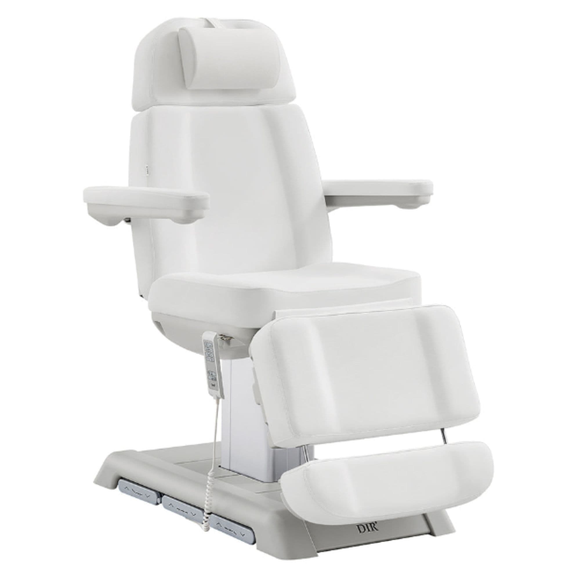 Sydney 4-Motors Esthetician Chair White Front Angled View Demonstrating The Leg Rest Height Adjustment On White Background