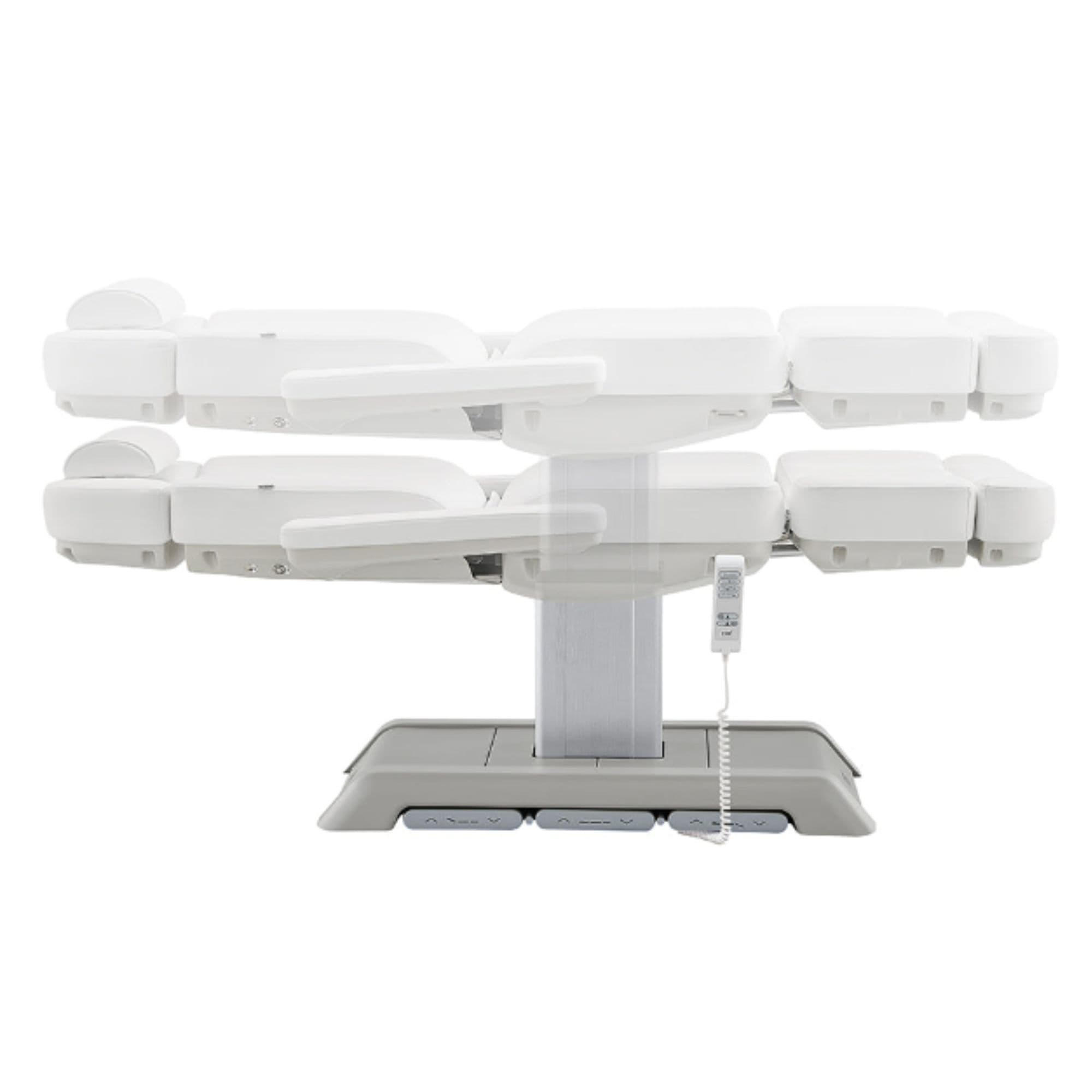 Sydney 4-Motors Esthetician Chair White Side View And Fully Reclined Demonstrating An Up And Down Adjustment On White Background