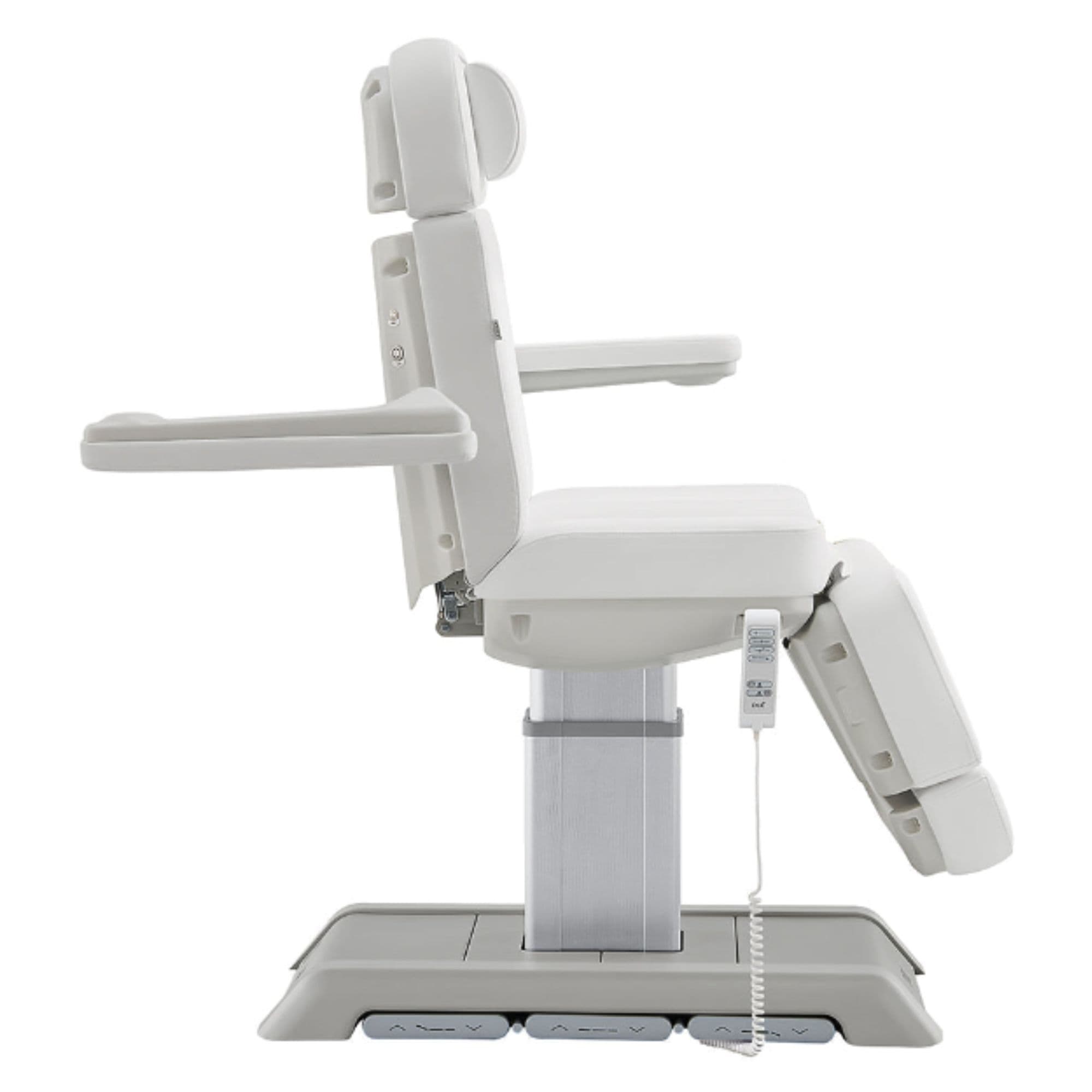 Sydney 4-Motors Esthetician Chair White Side View Demonstrating Adjustable Armrest On White Background