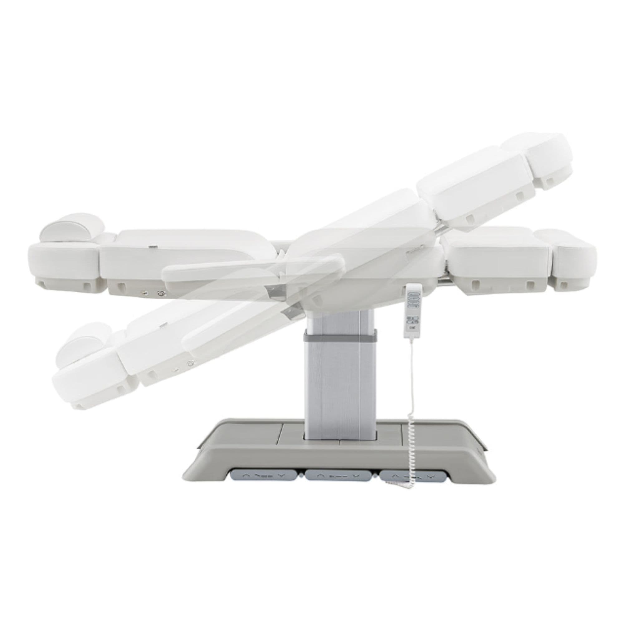 Sydney 4-Motors Esthetician Chair White Side View Demonstrating Recline Adjustment Positions On White Background