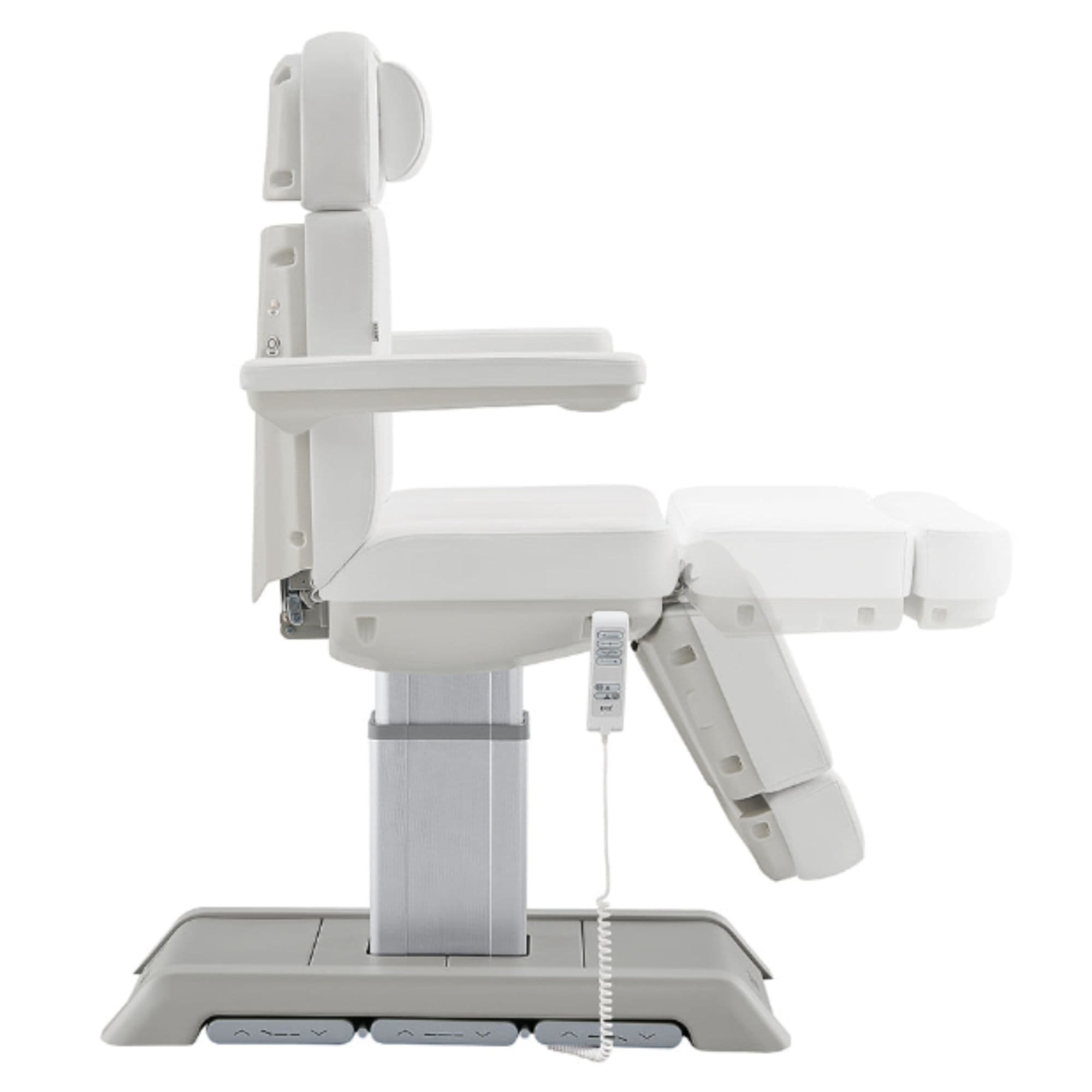 Sydney 4-Motors Esthetician Chair White Side View With Remote Control Showing Extendable Footrest Positions On White Background