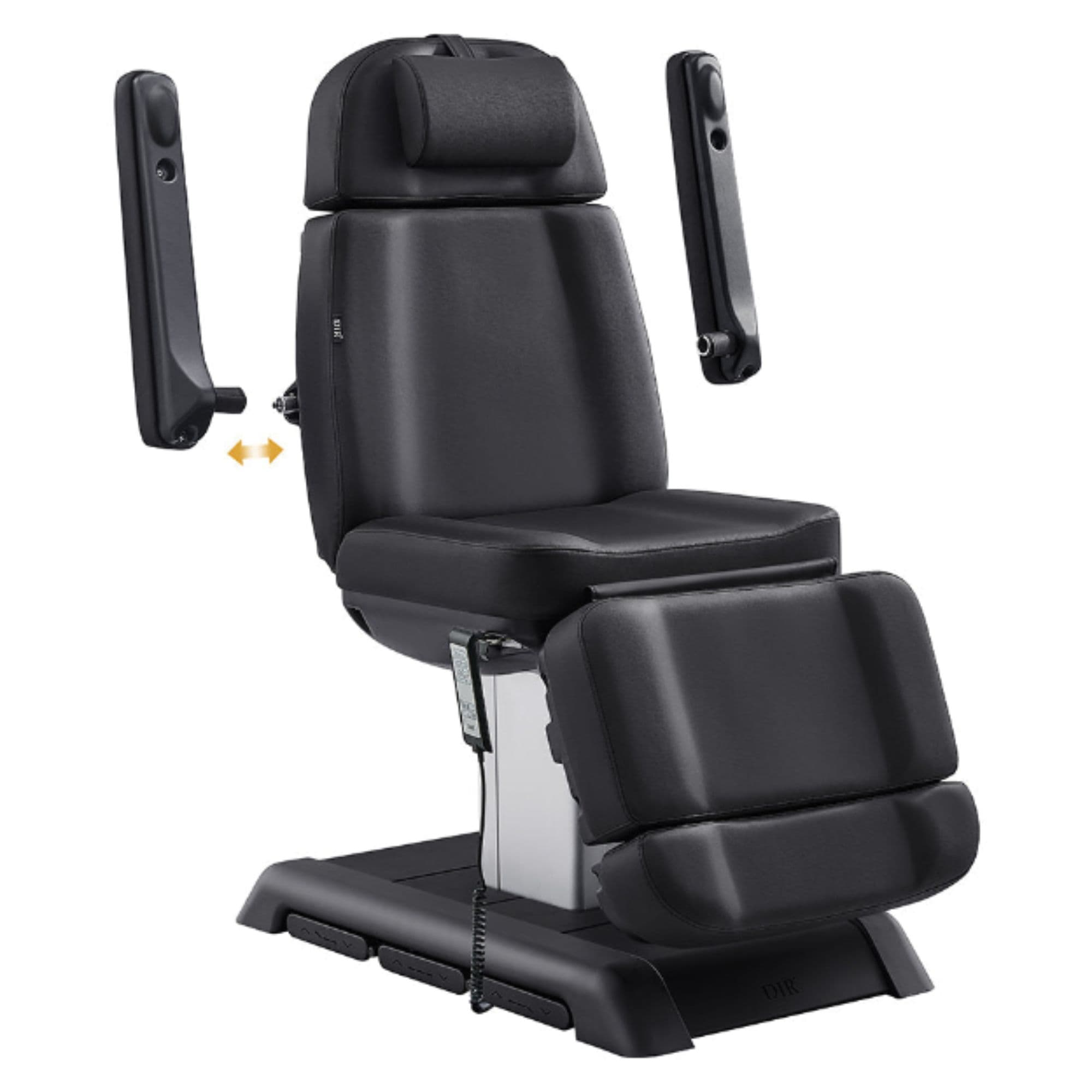 Sydney Quad-Motor Esthetician Treatment Chair Black Angled View Demonstrating Detachable Armrest On White Background