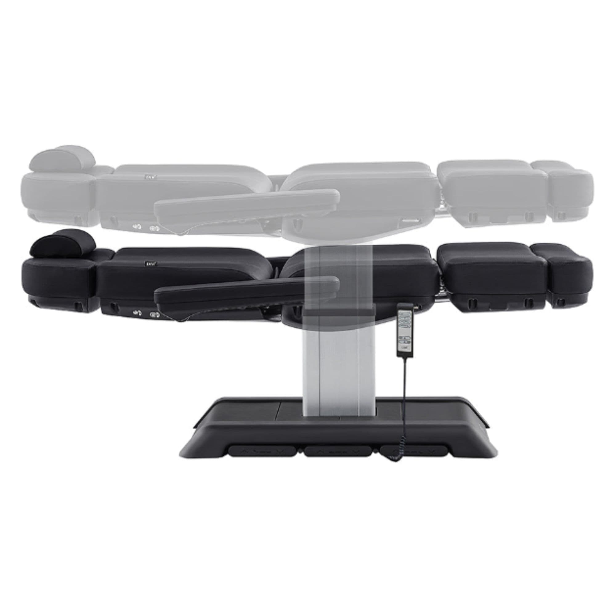 Sydney Quad-Motor Esthetician Treatment Chair Black Side View And Fully Reclined Demonstrating An Up And Down Adjustment On White Background